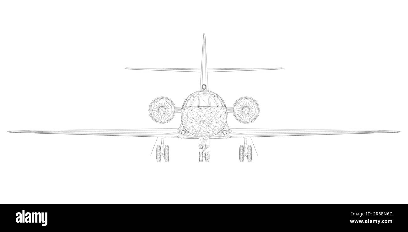 Passenger aircraft wireframe from black lines isolated on white background. Front view. 3D. Vector illustration. Stock Vector