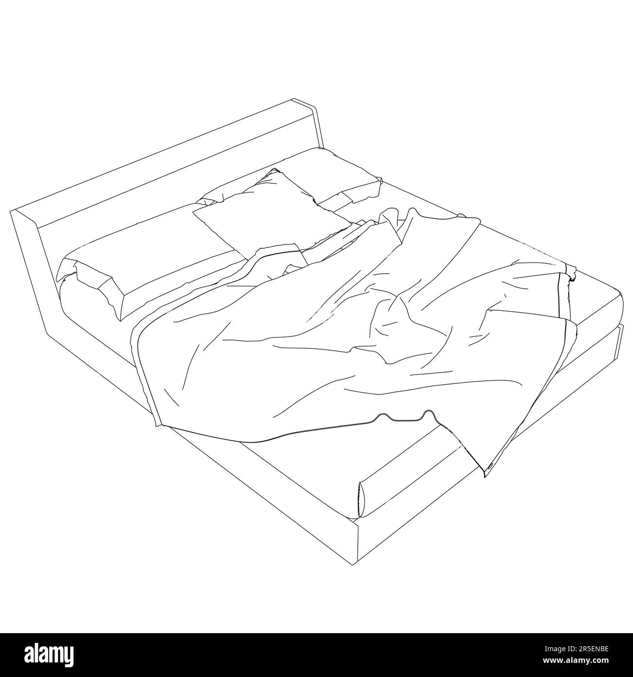 Outline of a large double bed from black lines isolated on a white
