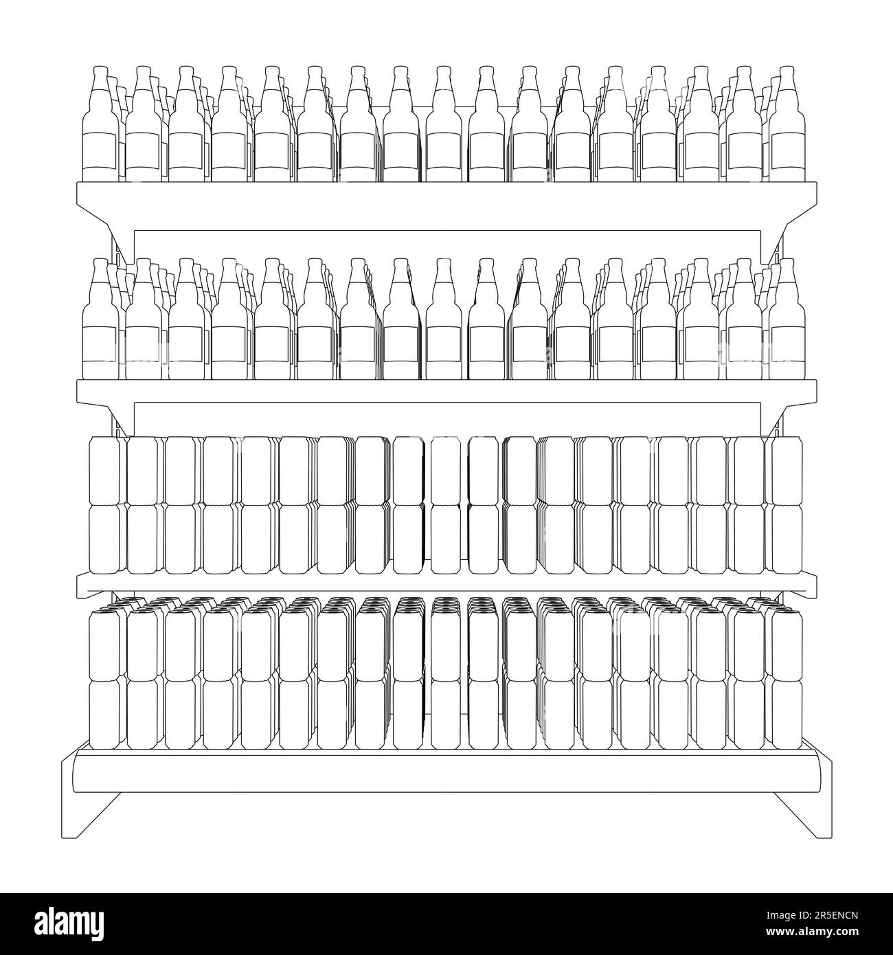 Outline of a shop shelf with bottles and jars from black lines isolated on a white background. Front view. 3D. Vector illustration. Stock Vector
