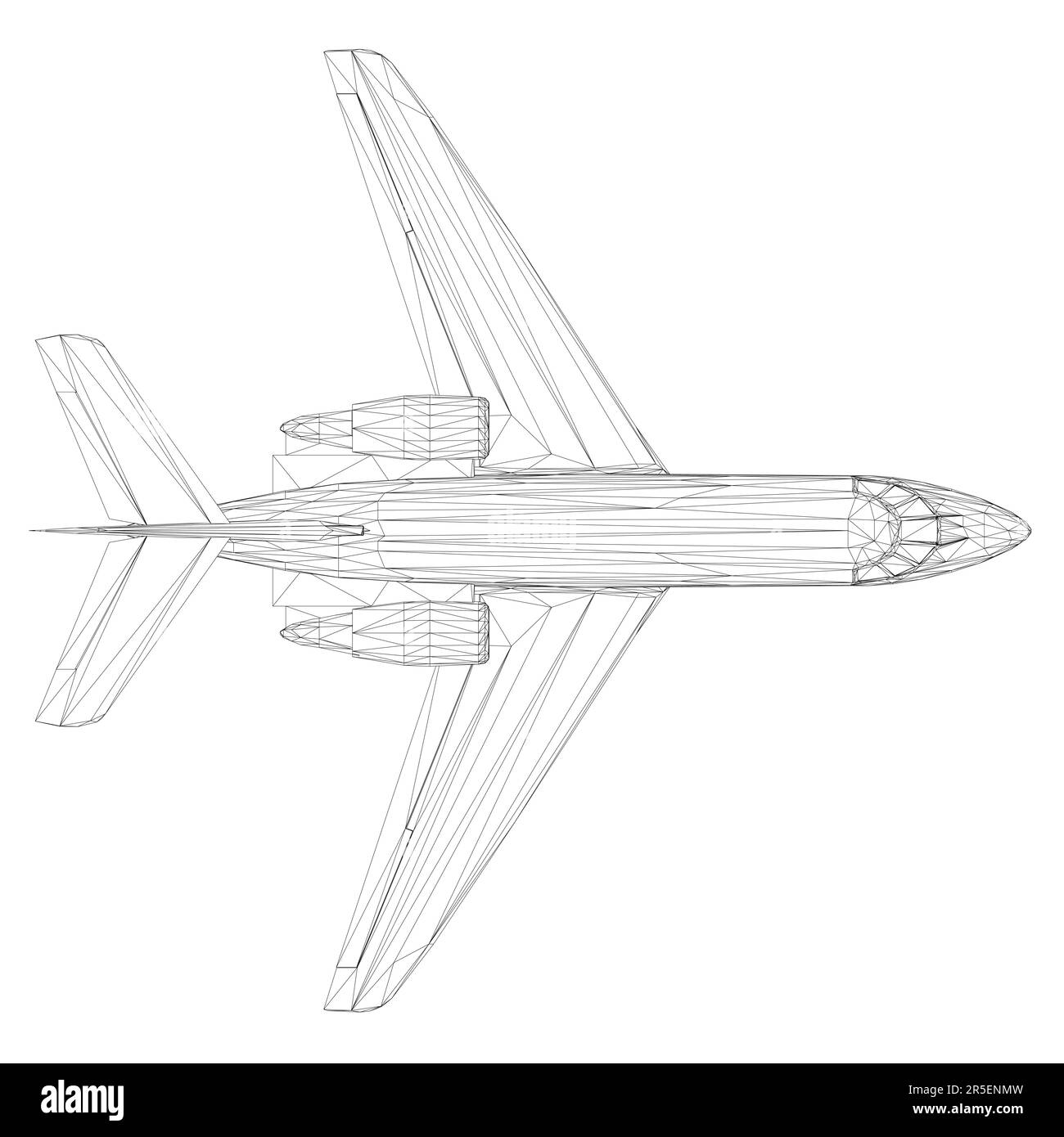 Passenger aircraft wireframe from black lines isolated on white background. View from above. 3D. Vector illustration. Stock Vector