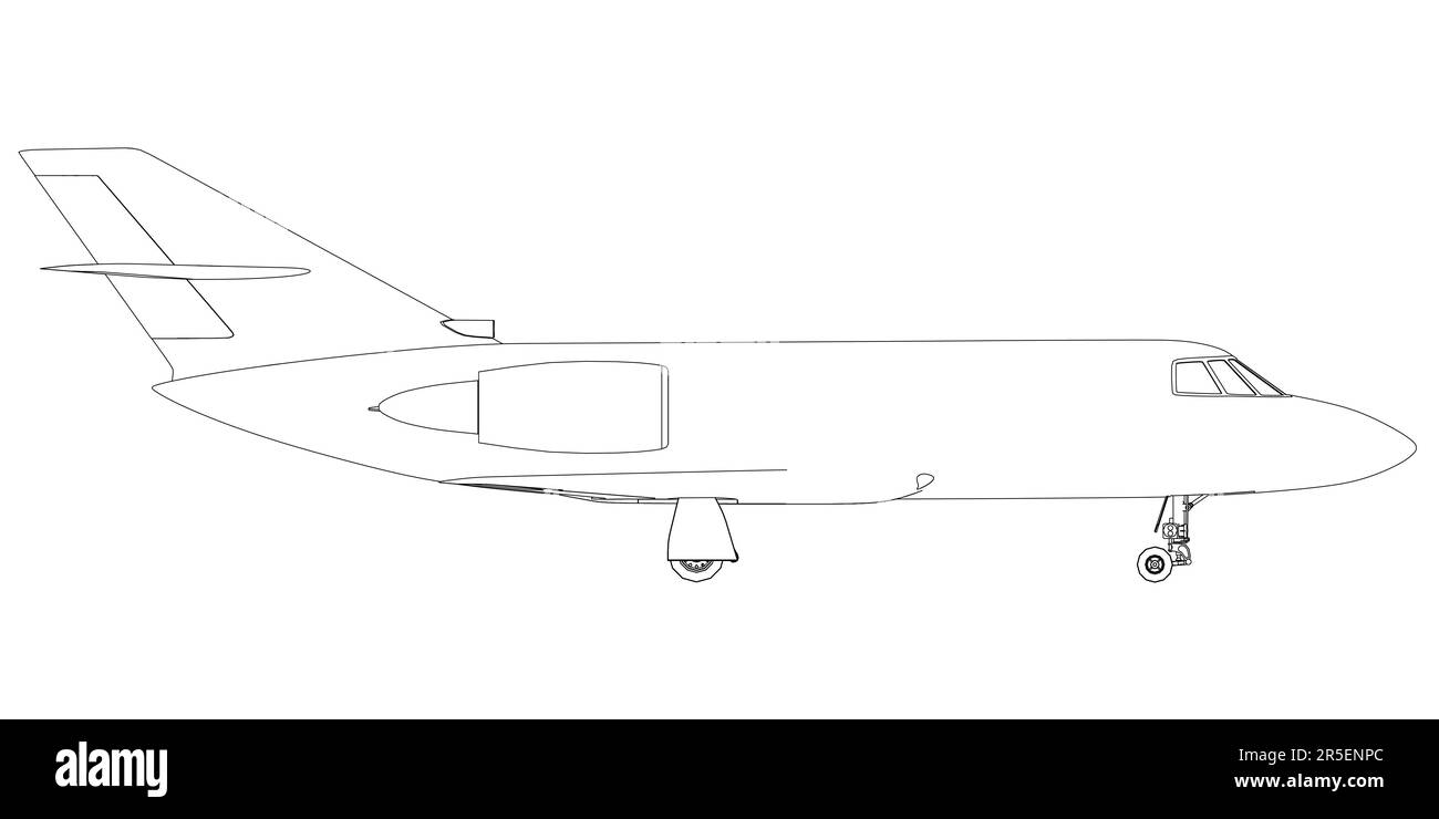 Outline of a passenger plane from black lines isolated on a white background. Side view. 3D. Vector illustration. Stock Vector