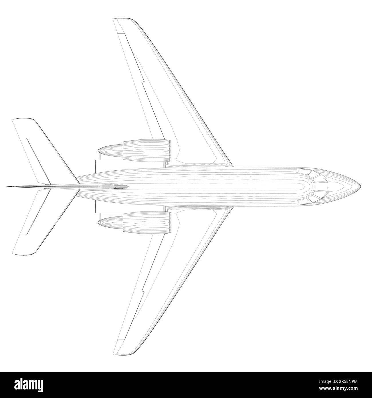 Outline of a passenger plane from black lines isolated on a white background. View from above. 3D. Vector illustration. Stock Vector