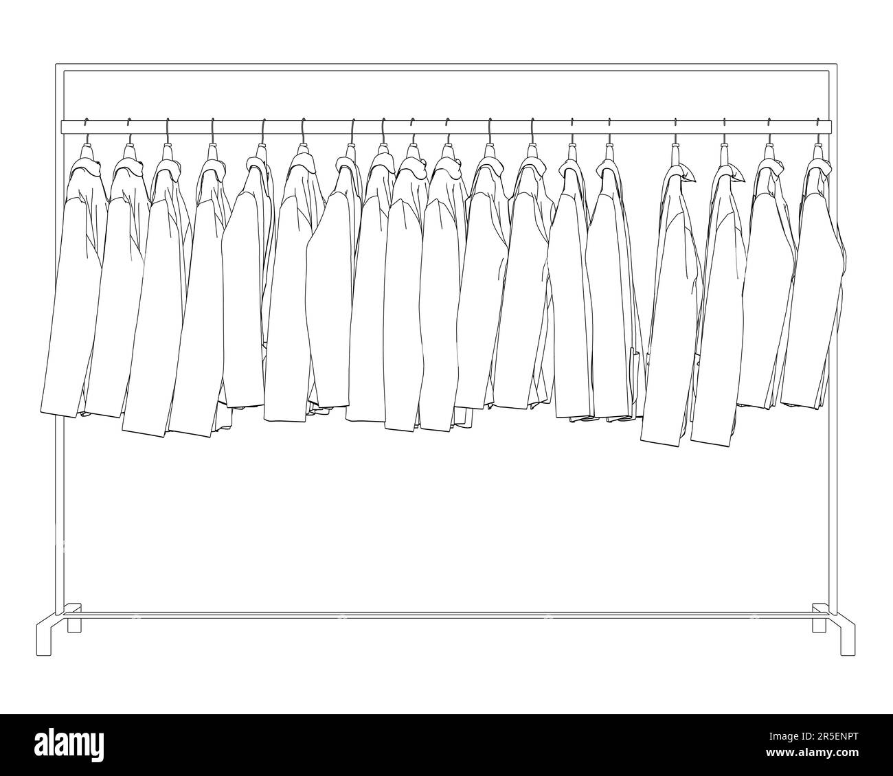 Outline of many jackets hanging on a hanger. Side view. 3D. Vector illustration. Stock Vector
