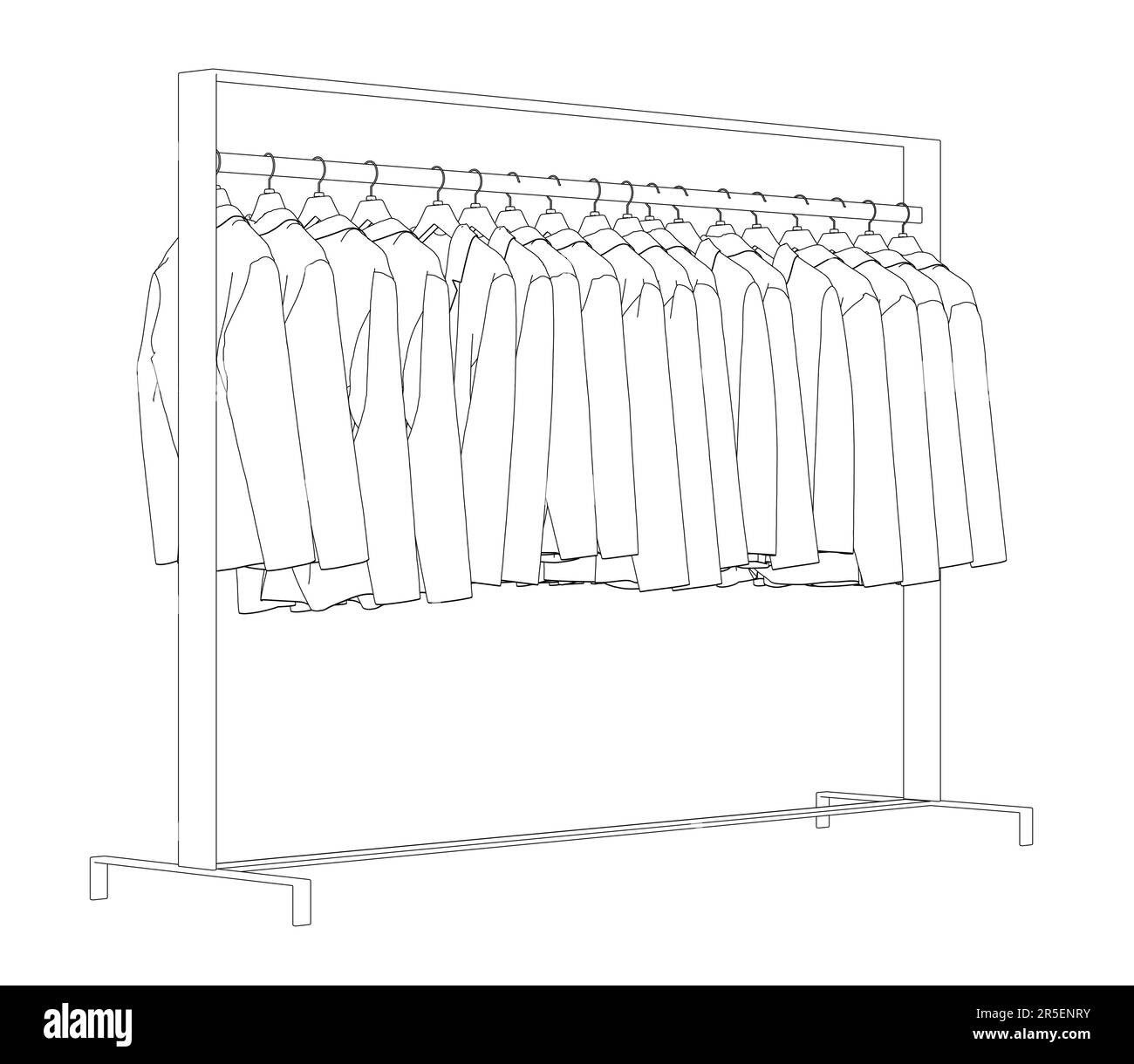 Outline of many jackets hanging on a hanger. Side view. 3D. Vector illustration. Stock Vector