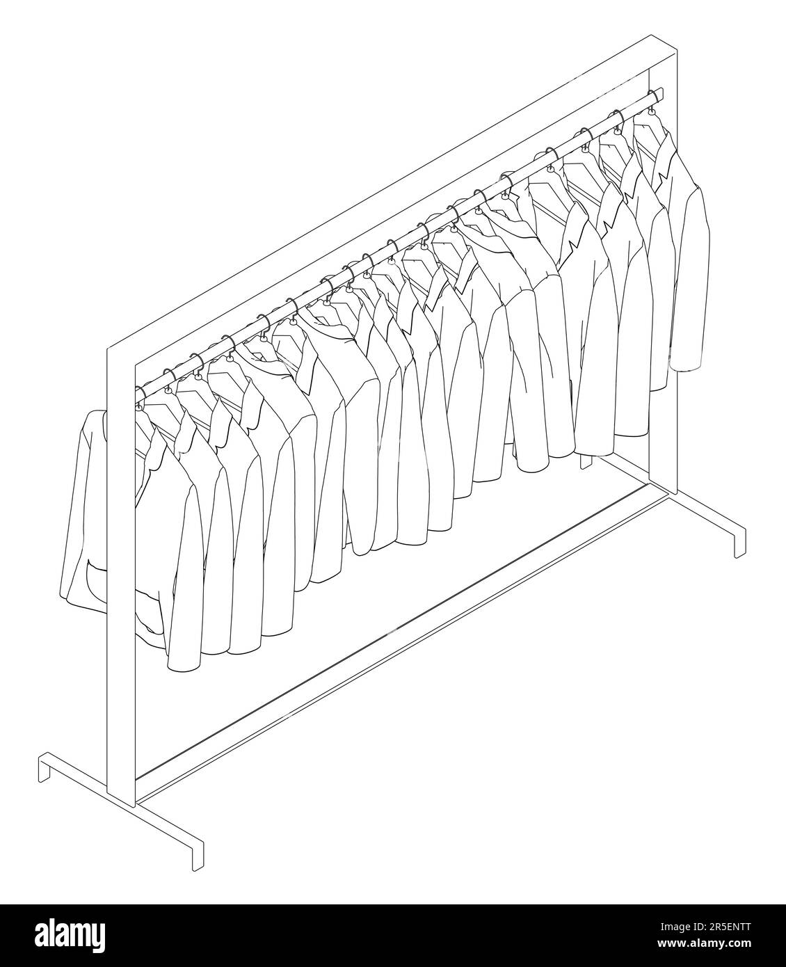 Outline of many jackets hanging on a hanger. Isometric view. 3D. Vector illustration. Stock Vector