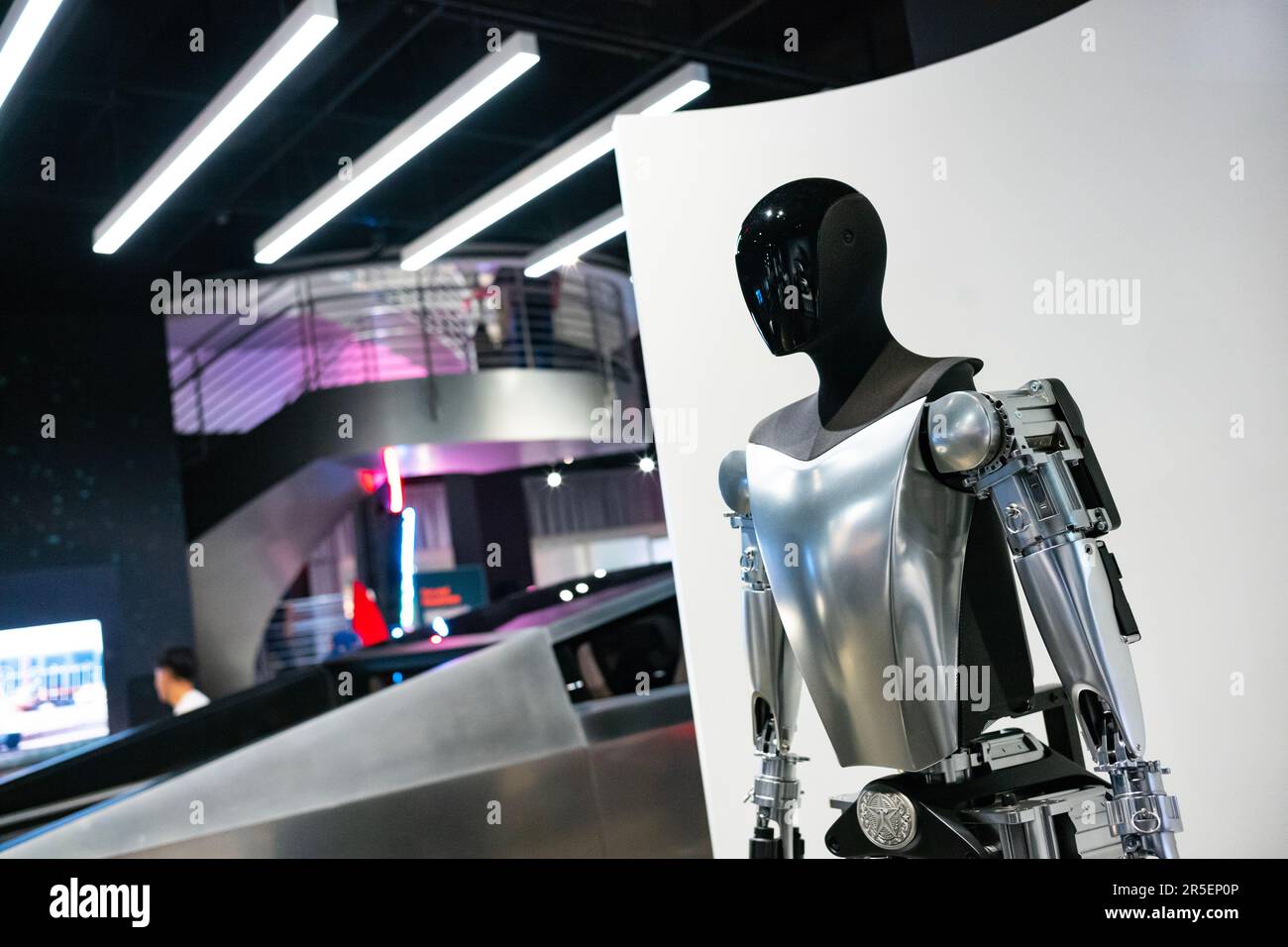 Los Angeles, CA, USA - Dec 26, 2022: Optimus, also known as Tesla Bot, shown here at the Petersens Automotive Museum, was announced at the company's A Stock Photo