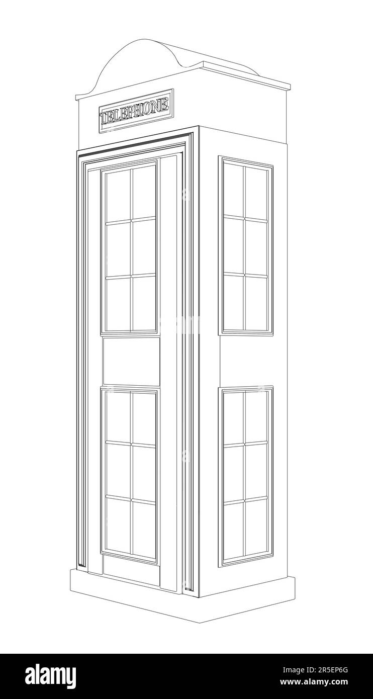 Outline of a telephone booth from black lines isolated on a white background. Side view. 3D. Vector illustration. Stock Vector