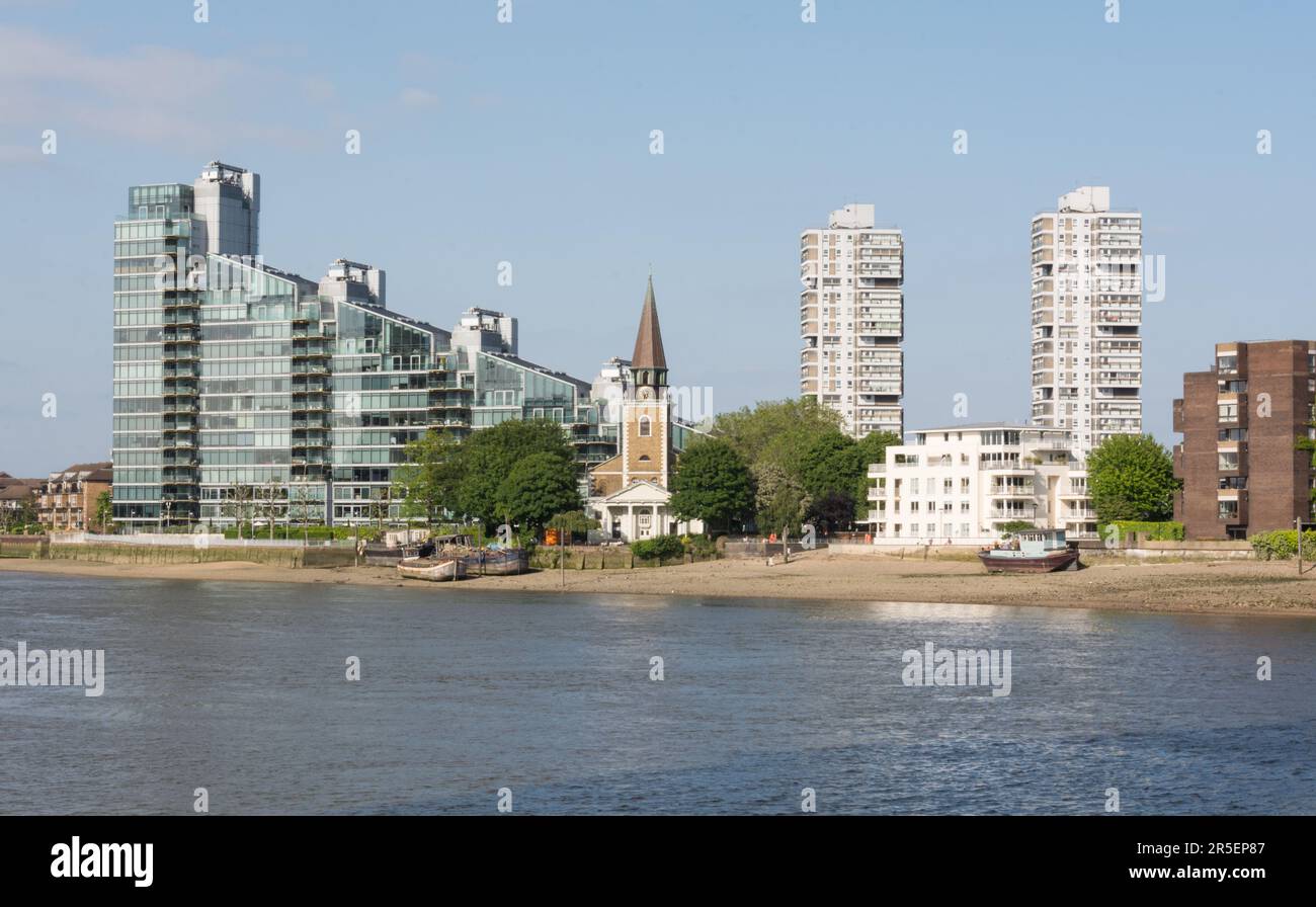 The River Thames and St Mary's Church, Battersea Church Road, Battersea