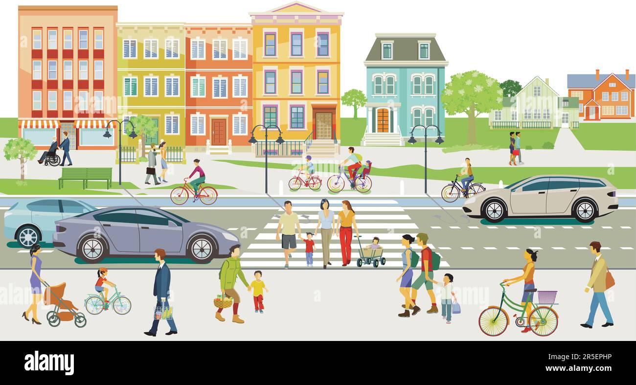 Road traffic with pedestrians, cyclists and road traffic Stock Vector