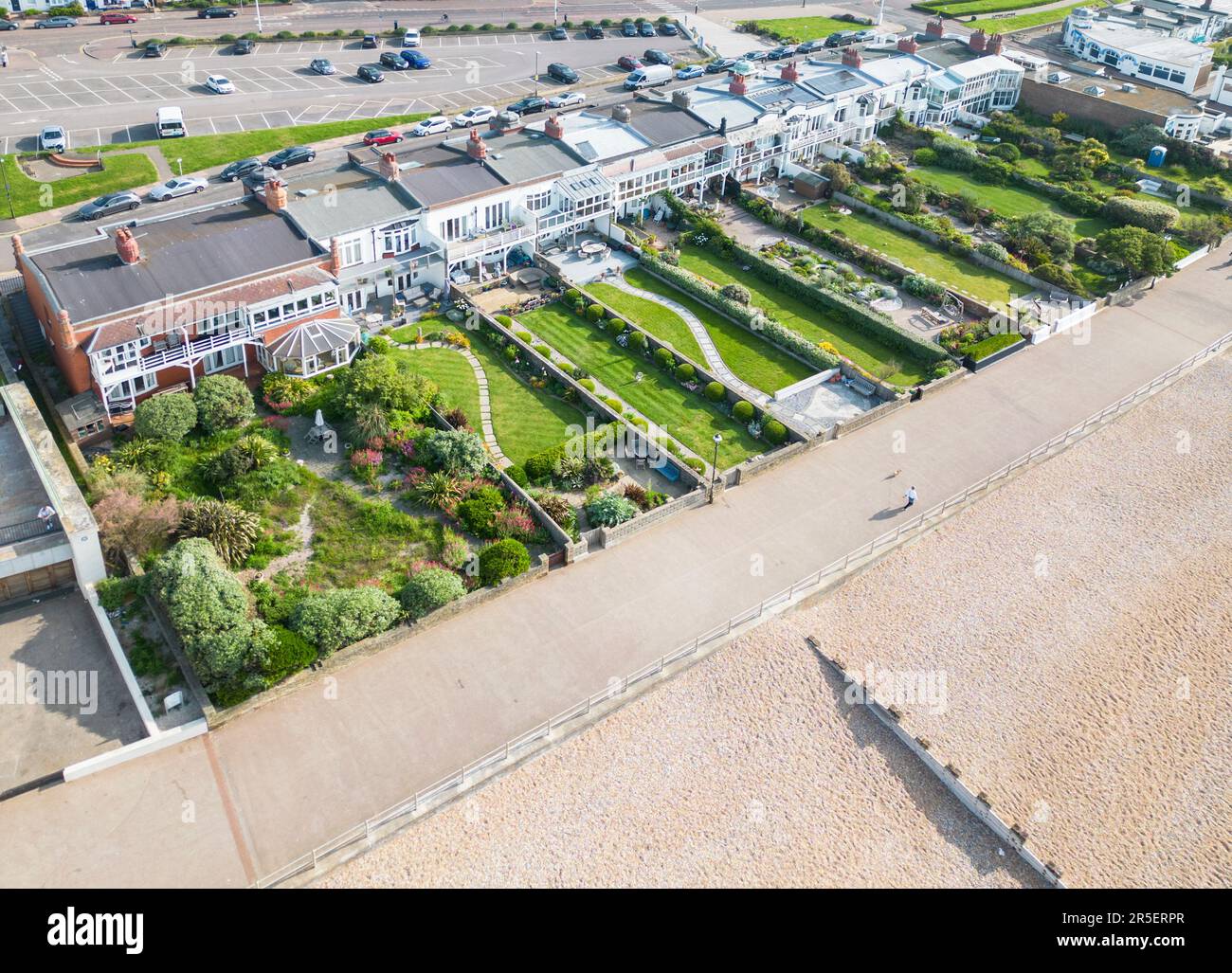 aerial view of houses and gardens on the seafront at Bexhill on sea on the east sussex coast Stock Photo