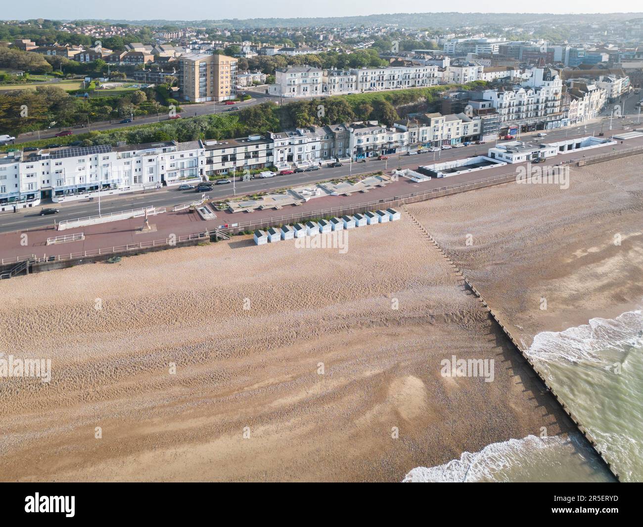 aerial view of Hastings town and the seafront on the east sussex coast Stock Photo