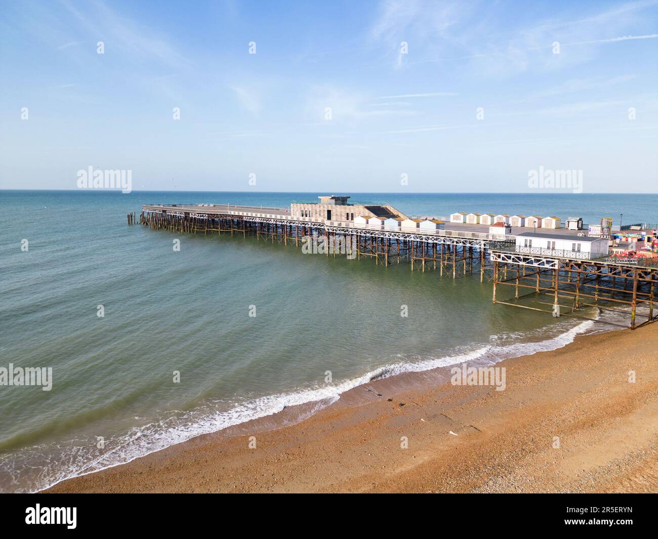 aerial view of hastings pier , the beach and the seafront on the east sussex coast Stock Photo