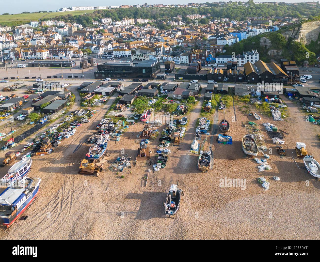aerial view of fishing boats moored on the beach at the Stade in the old town of Hastings on the east sussex coast Stock Photo
