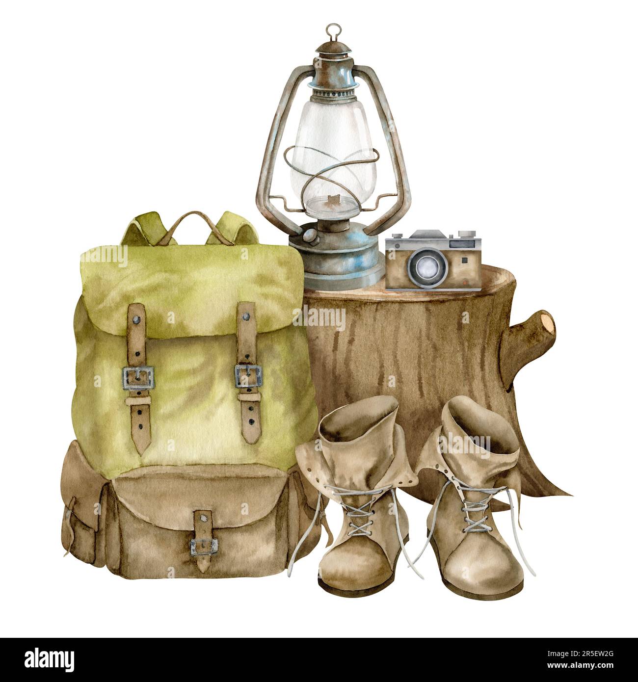 Camping equipment and woodland stump. Hand drawn watercolor