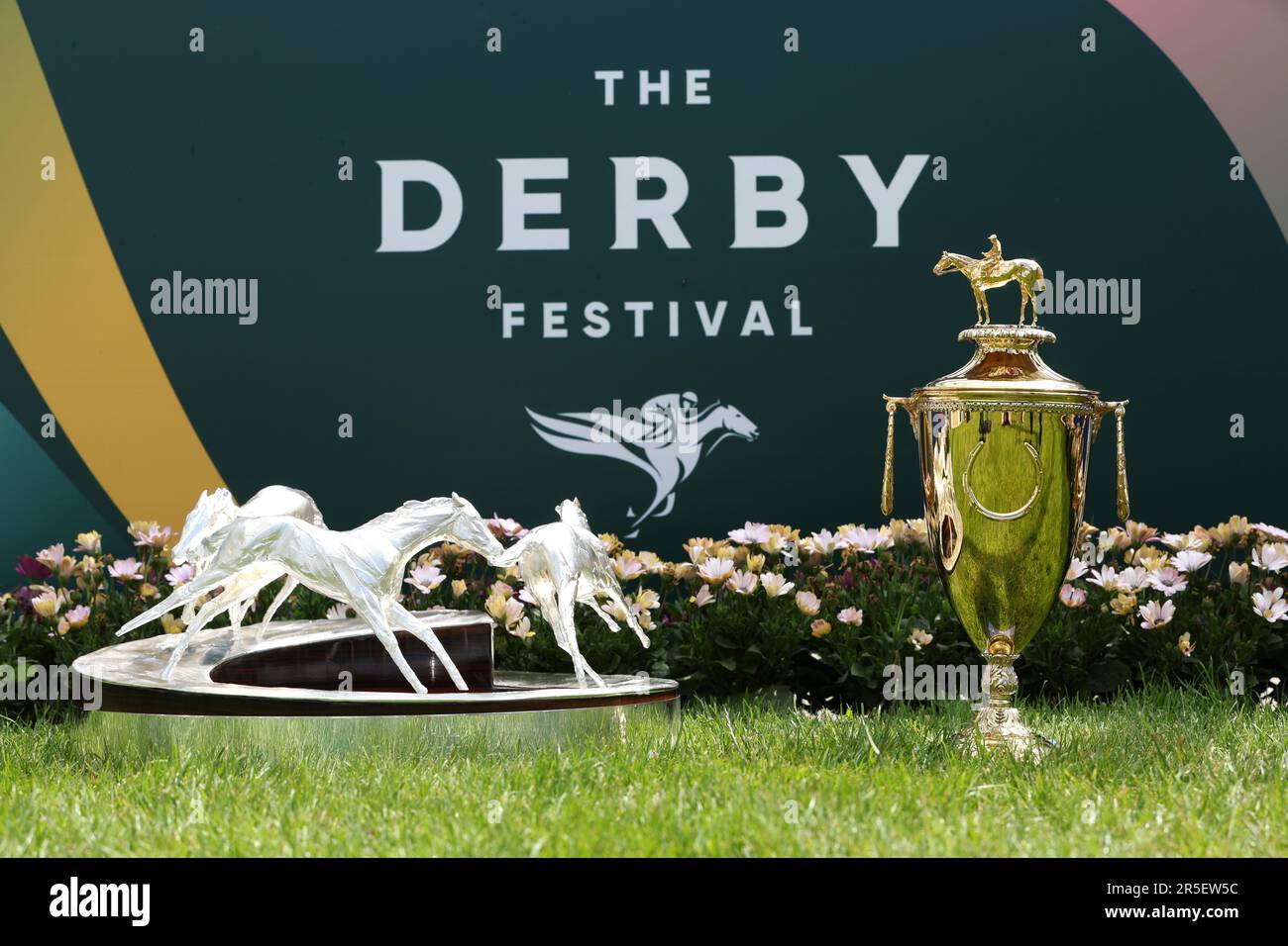 A general view of the Kentucky Derby Trophy and Epsom Derby Trophy on Derby Day of the 2023