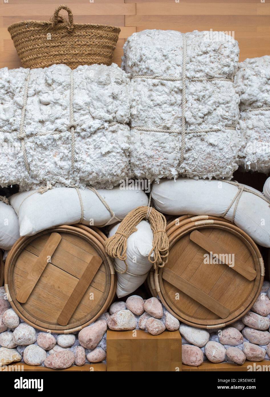 Cartagena, Spain - September 14th, 2018: Stowage of cargo in the hold of a sailing ship, cross section. ARQUA, Cartagena, Spain Stock Photo