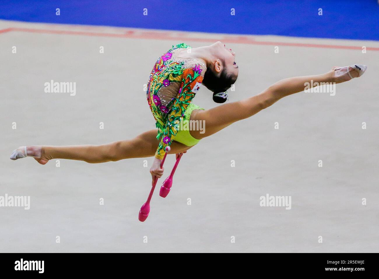 Manila, Philippines. 3rd June, 2023. Park Seohyun of South Korea competes during the clubs event of junior individual all-around final at the 14th Senior and 19th Junior Rhythmic Gymnastics Asian Championships in Manila, the Philippines, June 3, 2023. Credit: Rouelle Umali/Xinhua/Alamy Live News Stock Photo