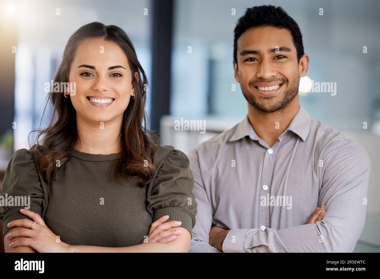 Happy, arms crossed and portrait of business people in office for ...