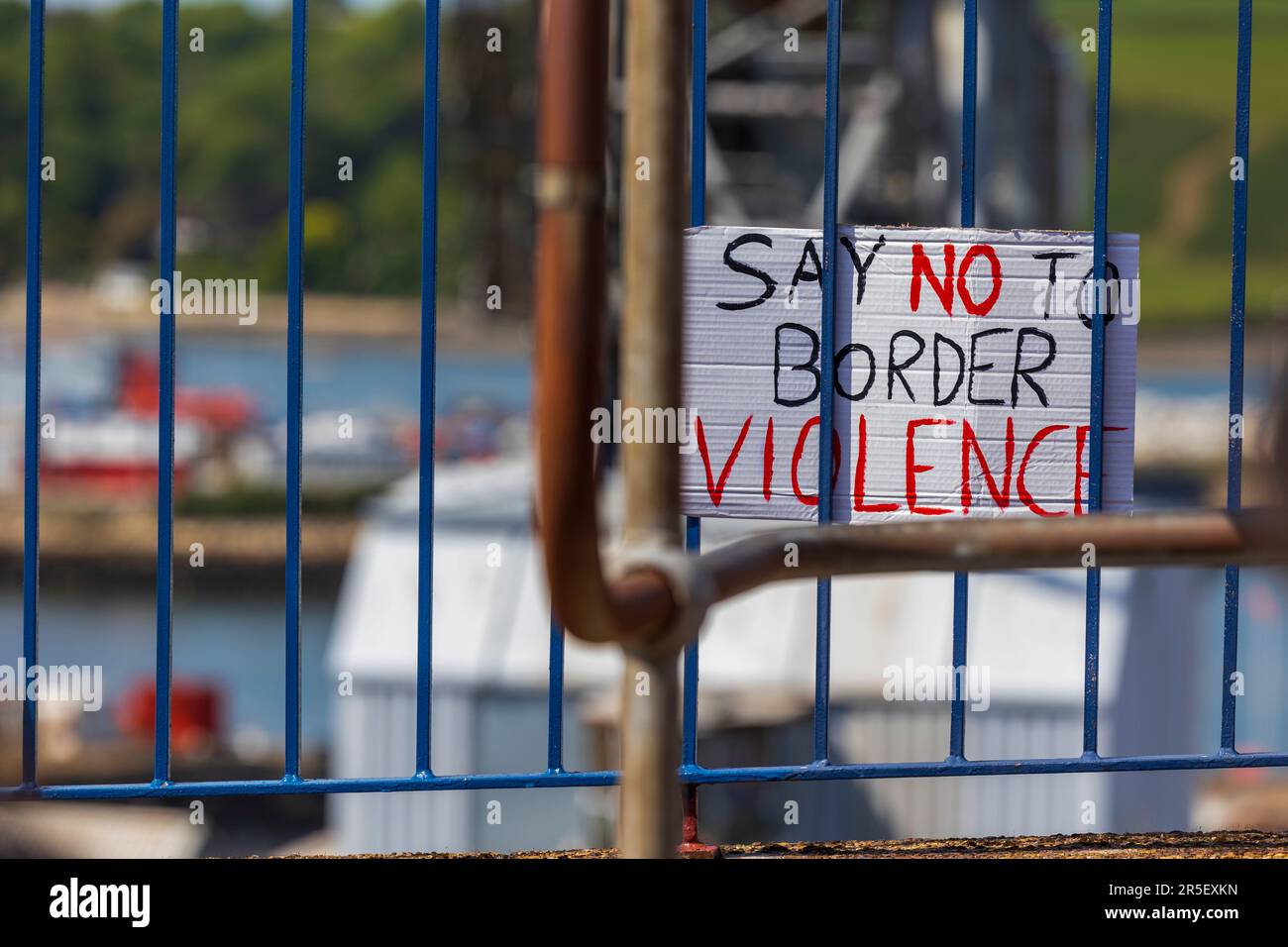 Falmouth's 2nd protest against the Bibby Stockholm vessel being modified by AP to hold 500 refugees Stock Photo