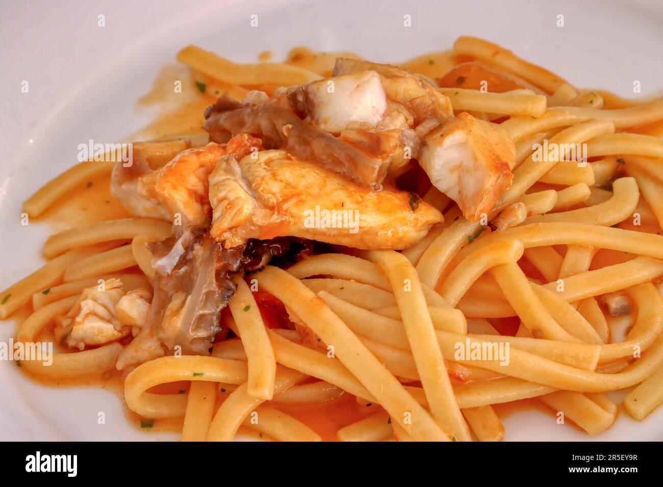 Scialatielli with grouper. Italian pasta dish, Apulian cuisine Stock