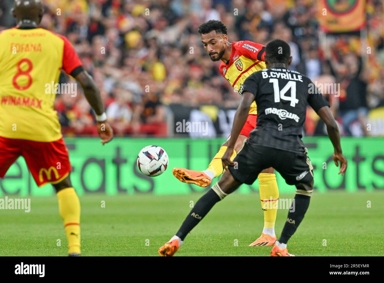 Lens, France. 27th May, 2023. Angelo Fulgini (20) of RC Lens pictured  during a soccer game between t Racing Club de Lens and AC Ajaccio, on the  37th matchday of the 2022-2023