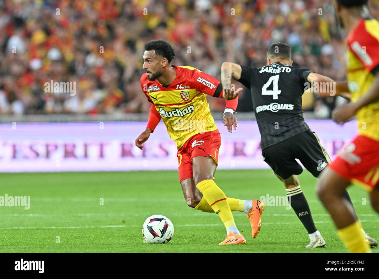 Lens, France. 27th May, 2023. Angelo Fulgini (20) of RC Lens pictured  during a soccer game between t Racing Club de Lens and AC Ajaccio, on the  37th matchday of the 2022-2023