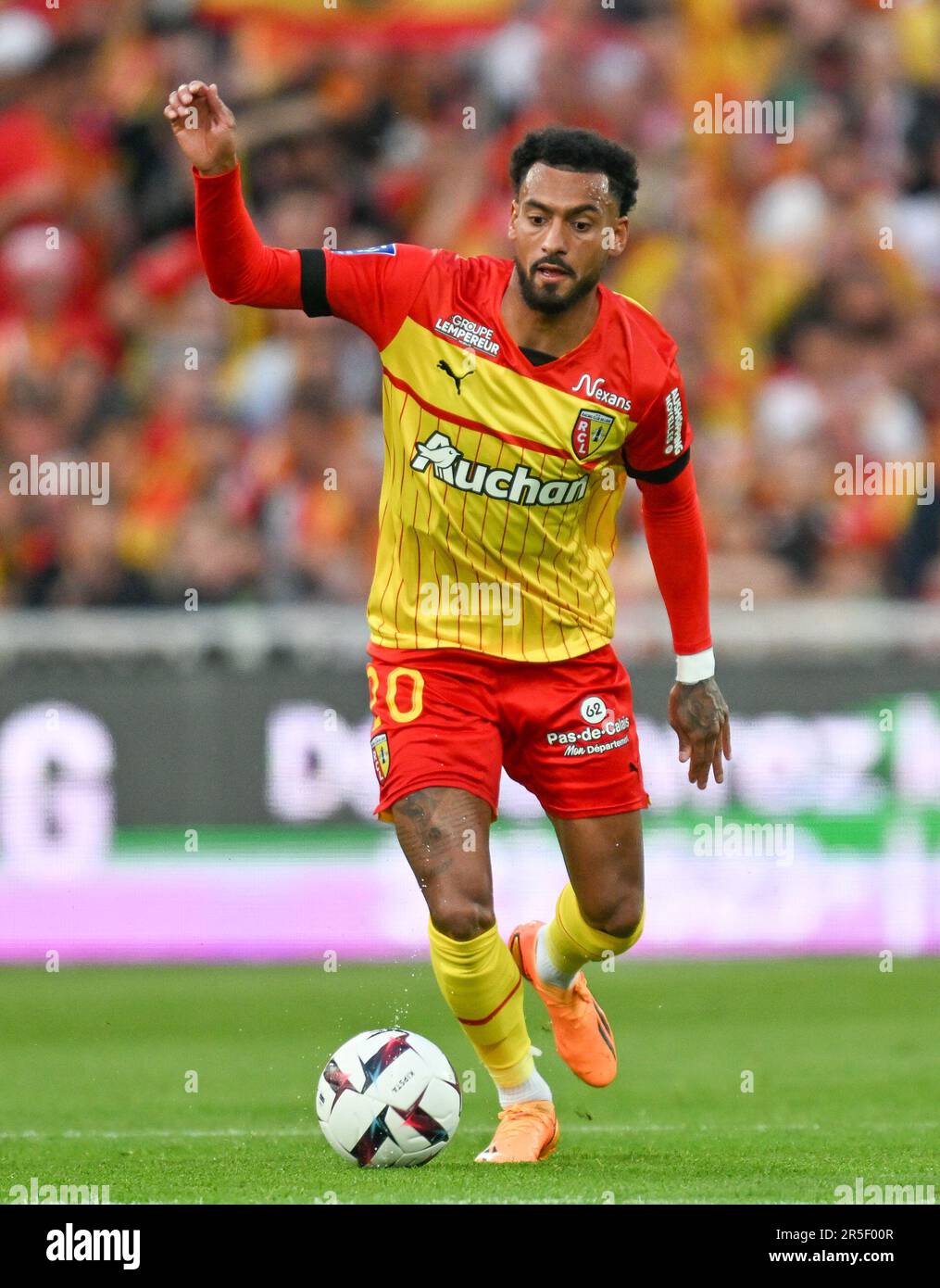 Lens, France. 27th May, 2023. Angelo Fulgini (20) of RC Lens pictured  during a soccer game between t Racing Club de Lens and AC Ajaccio, on the  37th matchday of the 2022-2023