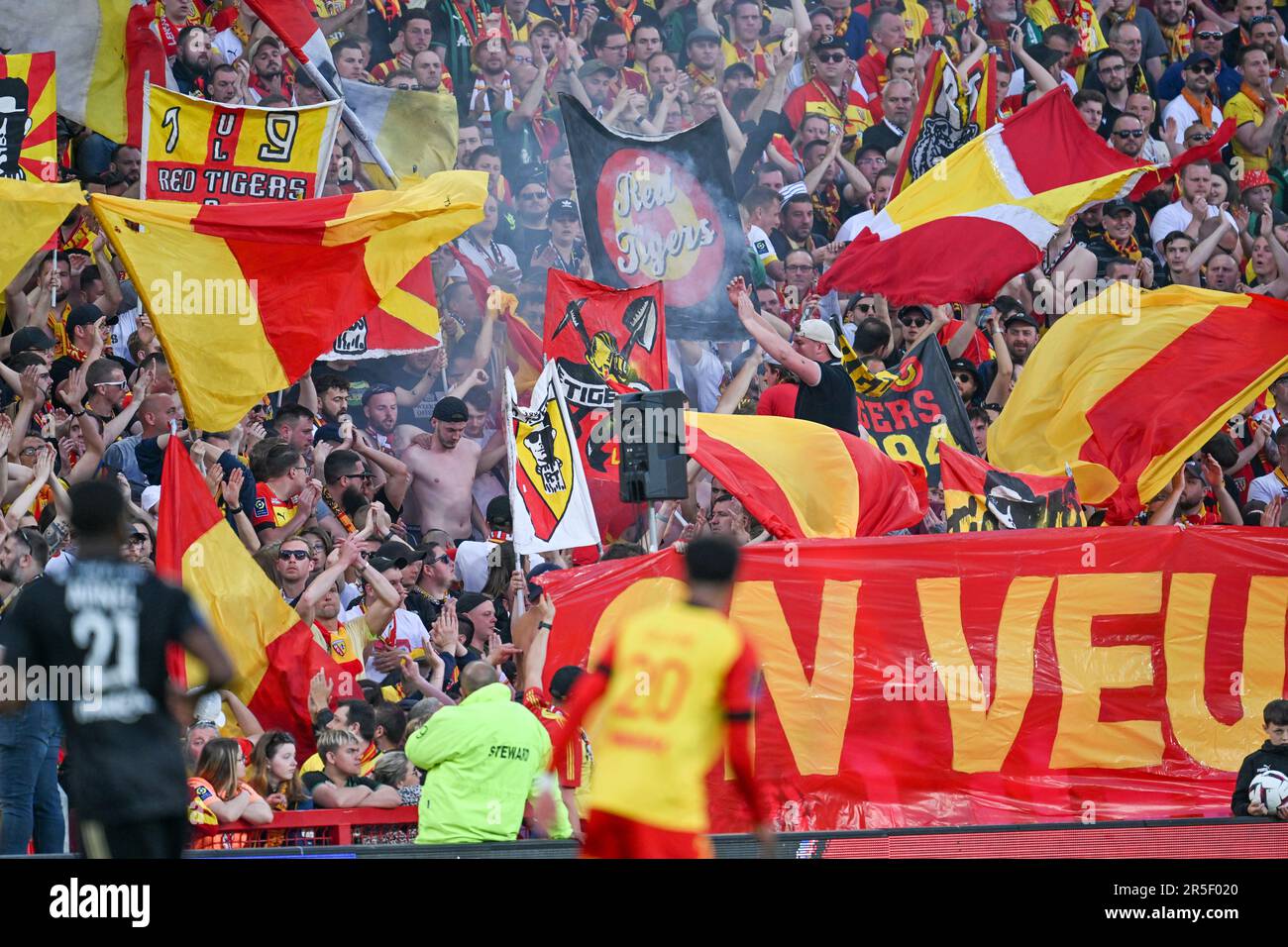 Lens, France. 27th May, 2023. fans and supporters of RC Lens in tribune  Marek pictured during a soccer game between t Racing Club de Lens and AC  Ajaccio, on the 37th matchday