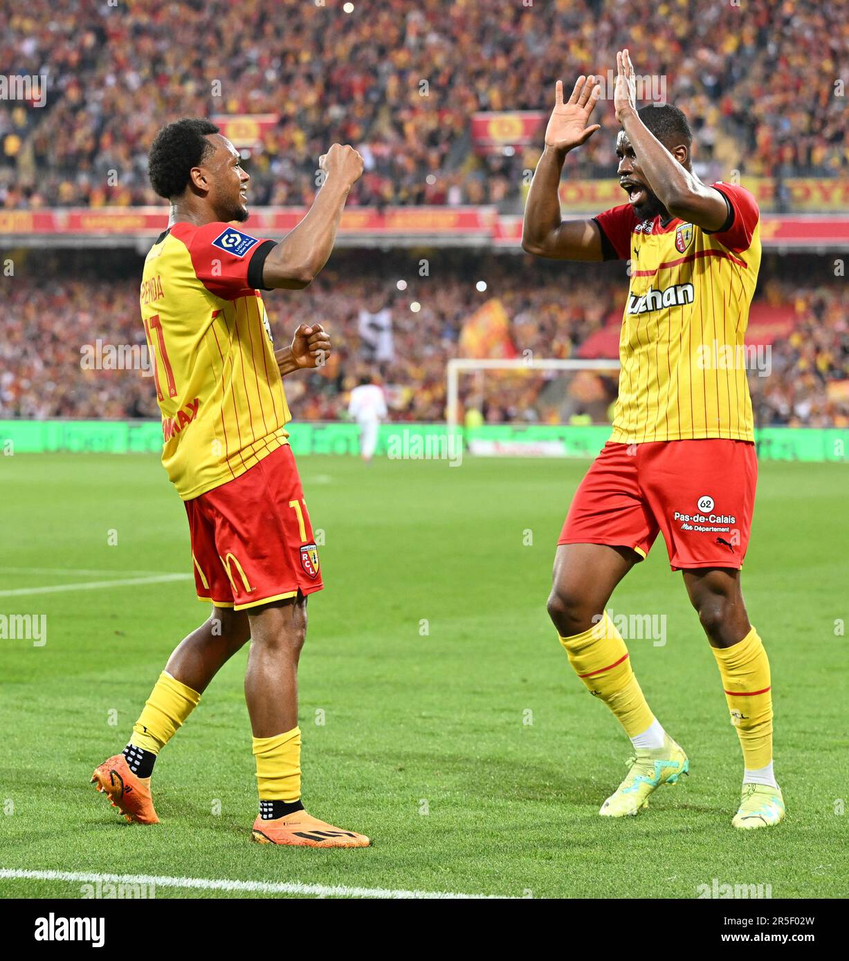 President Joseph Oughourlian of RC Lens pictured celebrating with his  players of RC Lens after winning a soccer game between t Racing Club de Lens  and AC Ajaccio, on the 37th matchday