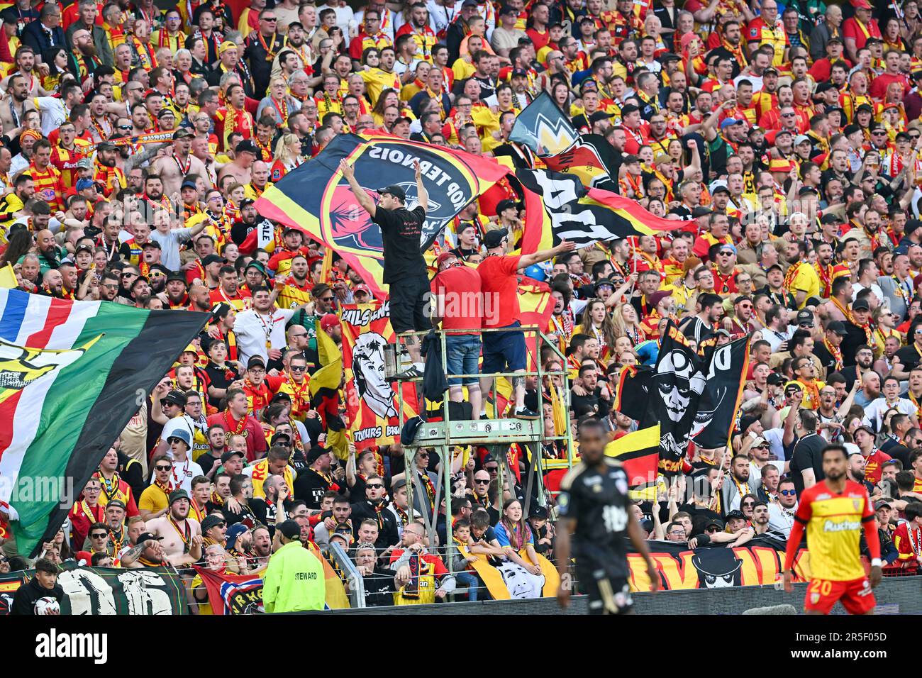 Lens, France. 27th May, 2023. fans and supporters of RC Lens in tribune  Marek pictured during a soccer game between t Racing Club de Lens and AC  Ajaccio, on the 37th matchday