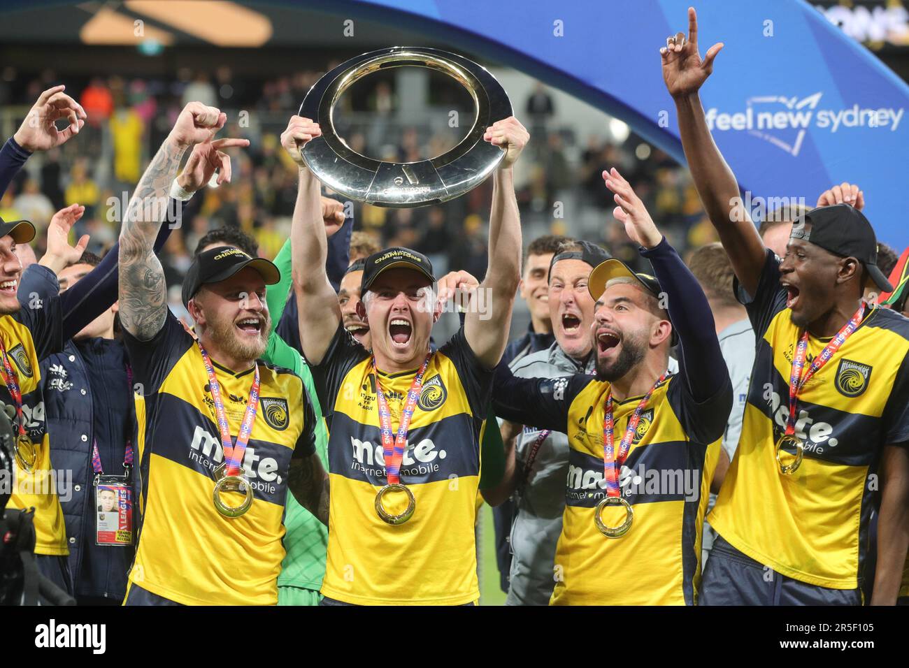 Sydney, Australia. 03rd June, 2023. Central Coast Mariners celebrates with the trophy after winning the Grand Final during the Isuzu UTE A-League 2023 Grand Final match between Melbourne City and Central Coast Mariners at the CommBank Stadium, Sydney, Australia on 3 June 2023. Photo by Peter Dovgan. Editorial use only, license required for commercial use. No use in betting, games or a single club/league/player publications. Credit: UK Sports Pics Ltd/Alamy Live News Stock Photo