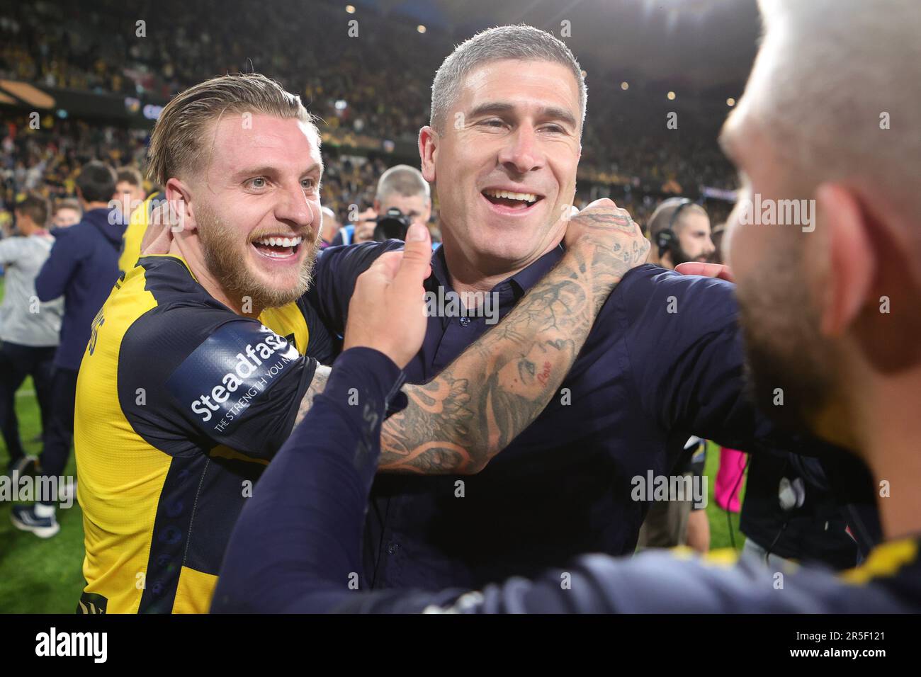 Sydney, Australia. 03rd June, 2023. Nick Montgomery head coach of Central Coast Mariners embraces Jason Cummings of Central Coast Mariners after the winning the Grand Final during the Isuzu UTE A-League 2023 Grand Final match between Melbourne City and Central Coast Mariners at the CommBank Stadium, Sydney, Australia on 3 June 2023. Photo by Peter Dovgan. Editorial use only, license required for commercial use. No use in betting, games or a single club/league/player publications. Credit: UK Sports Pics Ltd/Alamy Live News Stock Photo