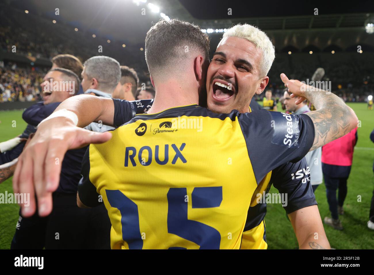 Sydney, Australia. 03rd June, 2023. Matheus Moresche of Central Coast Mariners embraces Storm Roux of Central Coast Mariners after the winning the Grand Final during the Isuzu UTE A-League 2023 Grand Final match between Melbourne City and Central Coast Mariners at the CommBank Stadium, Sydney, Australia on 3 June 2023. Photo by Peter Dovgan. Editorial use only, license required for commercial use. No use in betting, games or a single club/league/player publications. Credit: UK Sports Pics Ltd/Alamy Live News Stock Photo