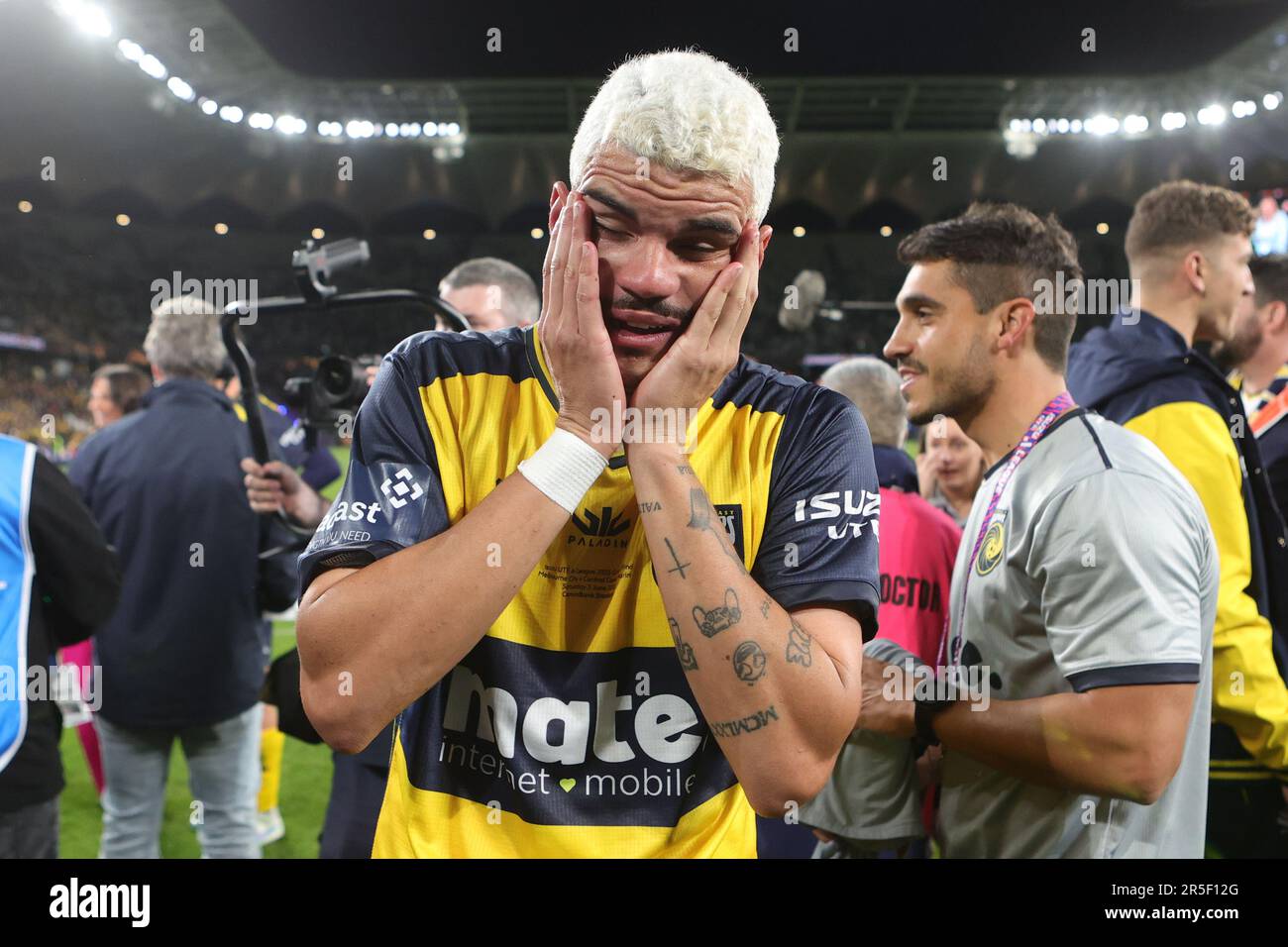 Sydney, Australia. 03rd June, 2023. Matheus Moresche of Central Coast Mariners emotional after the winning the Grand Final during the Isuzu UTE A-League 2023 Grand Final match between Melbourne City and Central Coast Mariners at the CommBank Stadium, Sydney, Australia on 3 June 2023. Photo by Peter Dovgan. Editorial use only, license required for commercial use. No use in betting, games or a single club/league/player publications. Credit: UK Sports Pics Ltd/Alamy Live News Stock Photo