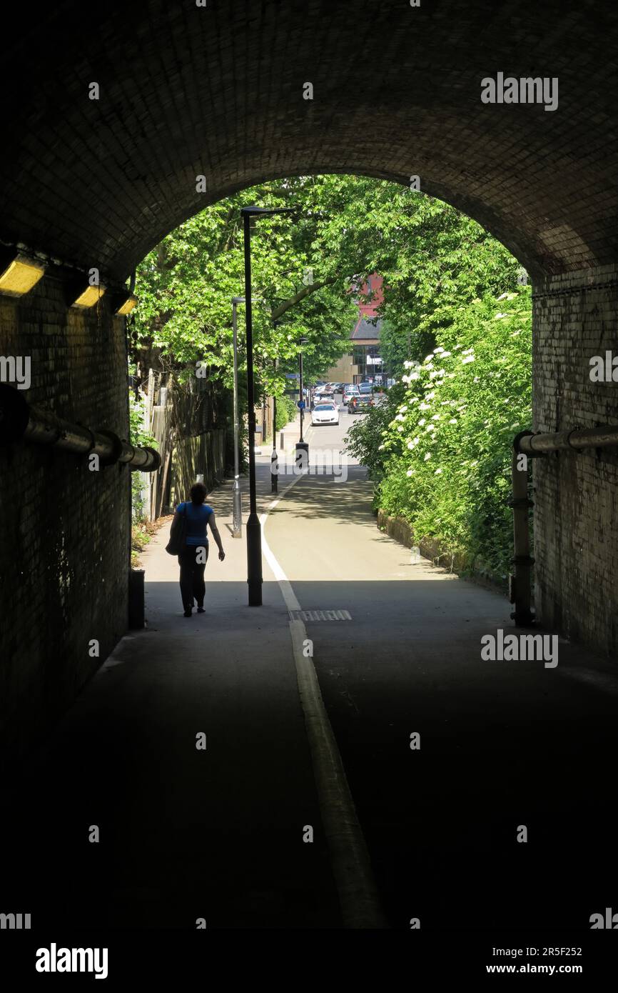 view through tunnel under railway of urban wasteland habitat Wood Green