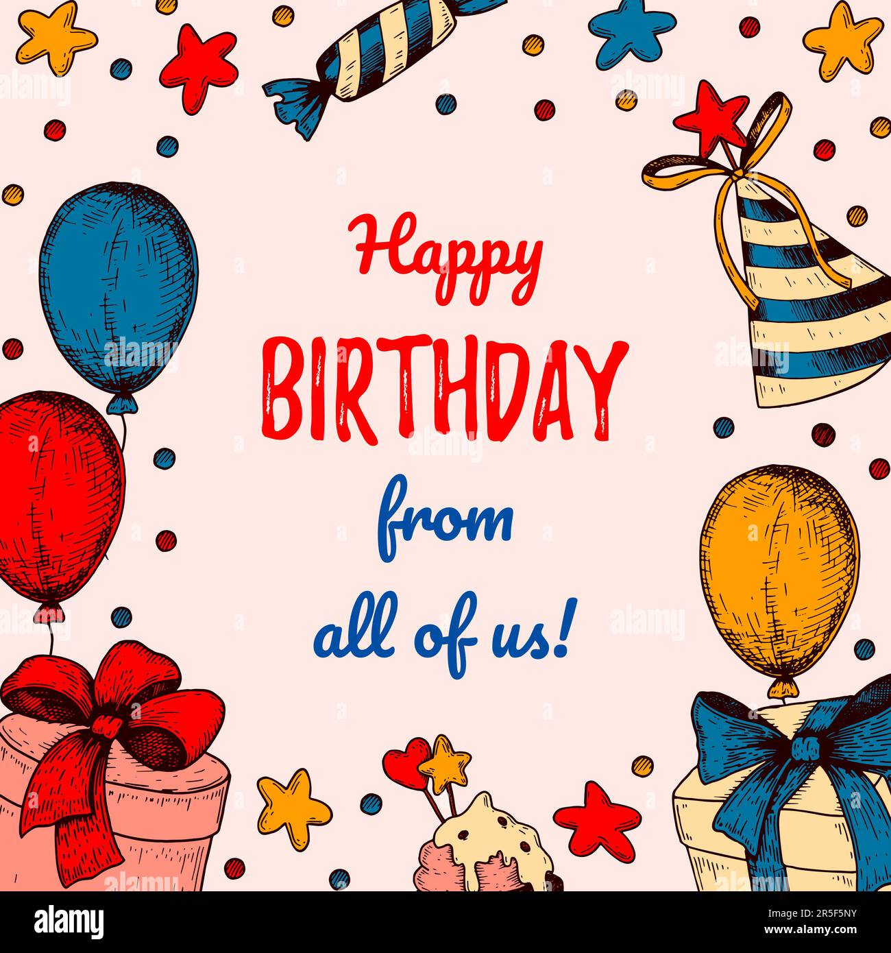 Happy Birthday greeting card. Hand drawn design. Festive background. Anniversary party