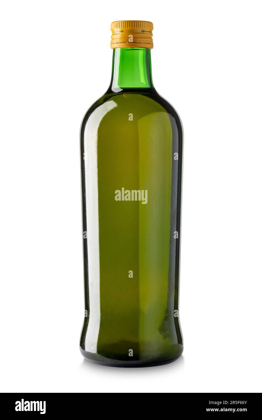 Extra virgin olive oil in green glass bottle isolated on white with