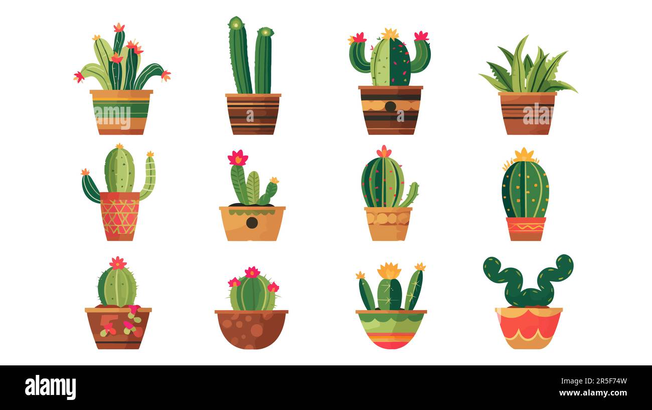 Indoor cactus set. Flat, cartoon style on a white background. Stock Vector