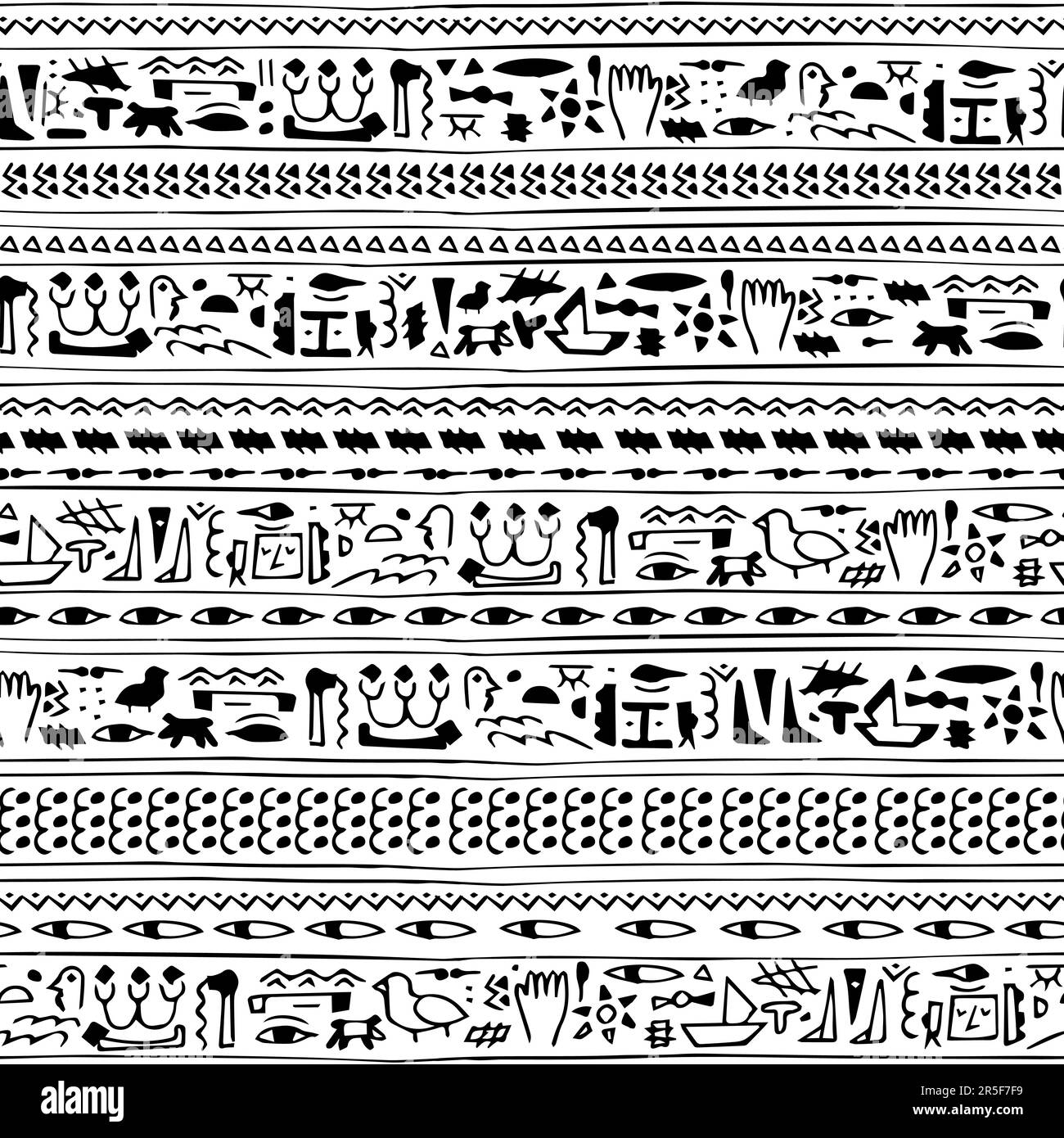 Ancient Egypts allure monochrome seamless pattern, featuring hand-drawn symbols reminiscent of hieroglyphs. Perfect for clothing, curtains, and Stock Vector