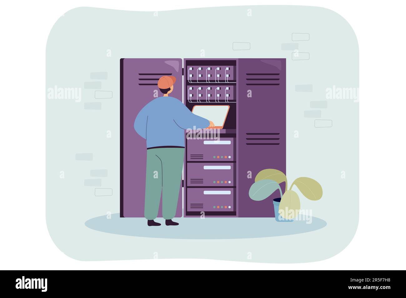 Sysadmin engineer working at switchboard with server rack Stock Vector