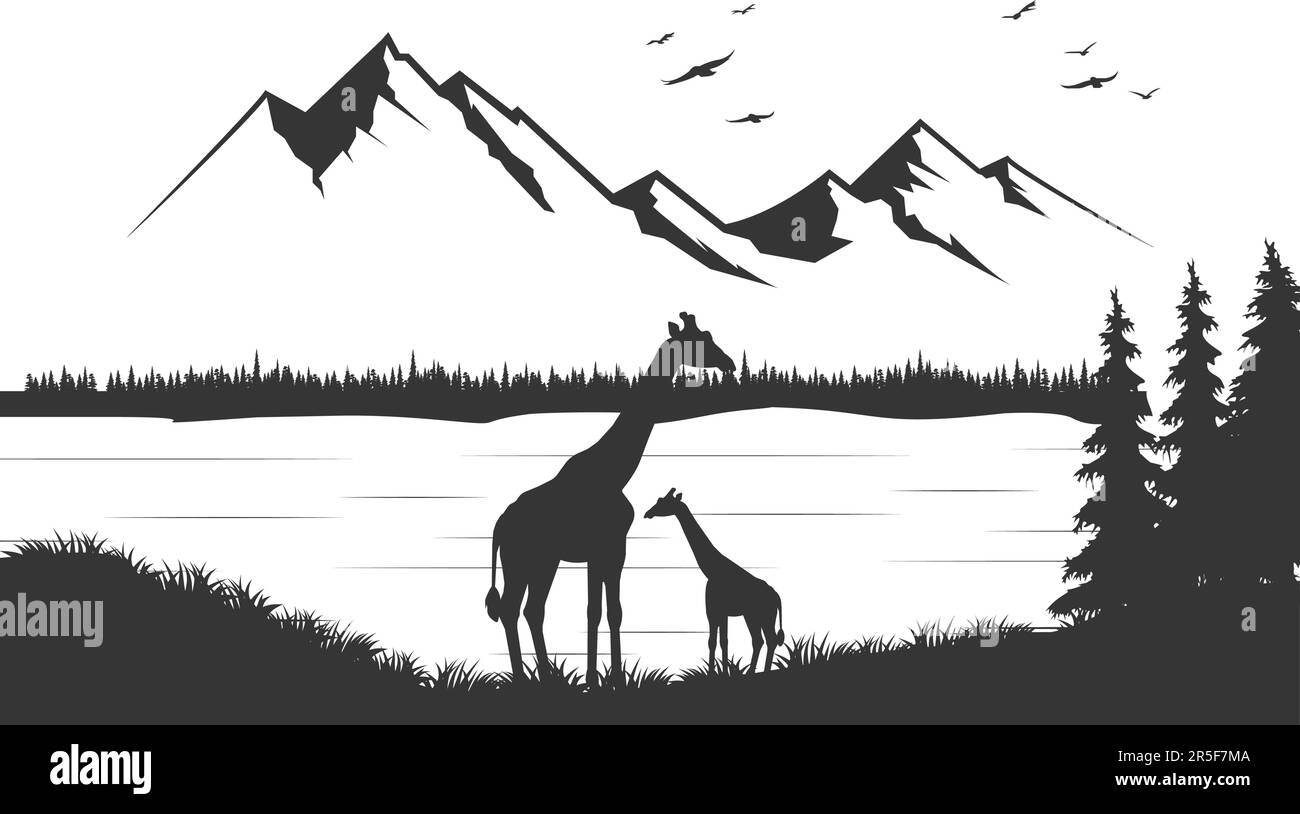 Silhouettes of giraffes landscape in the savanna. Vector illustration ...