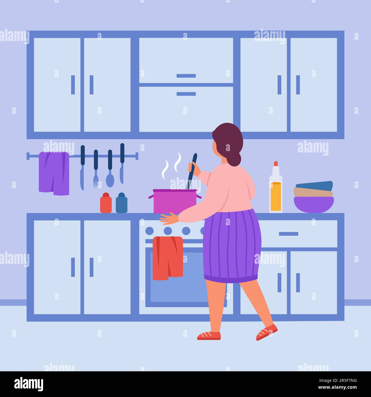 Woman cooking meal for family dinner in kitchen Stock Vector