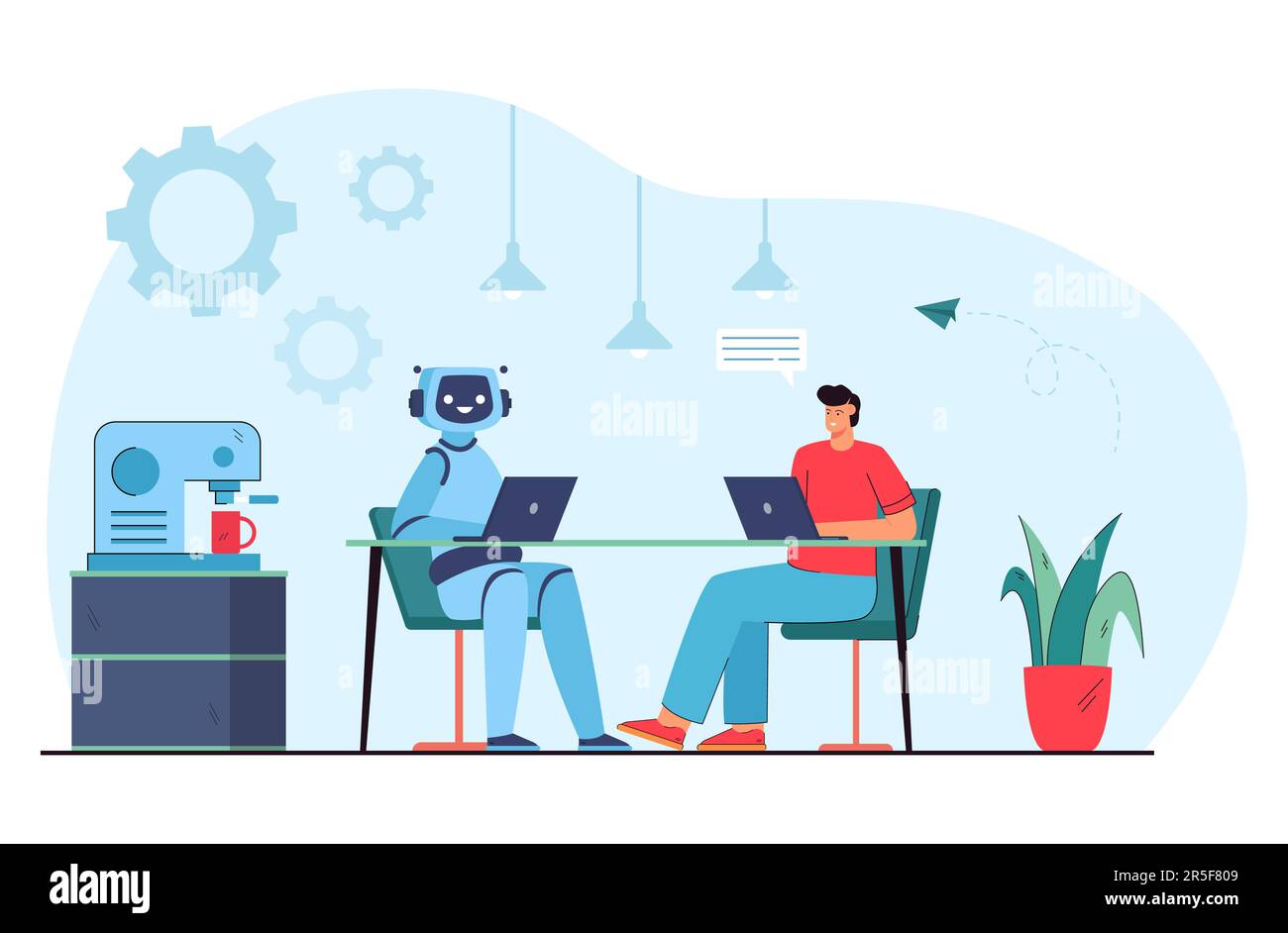 Human and humanoid robot team working together Stock Vector