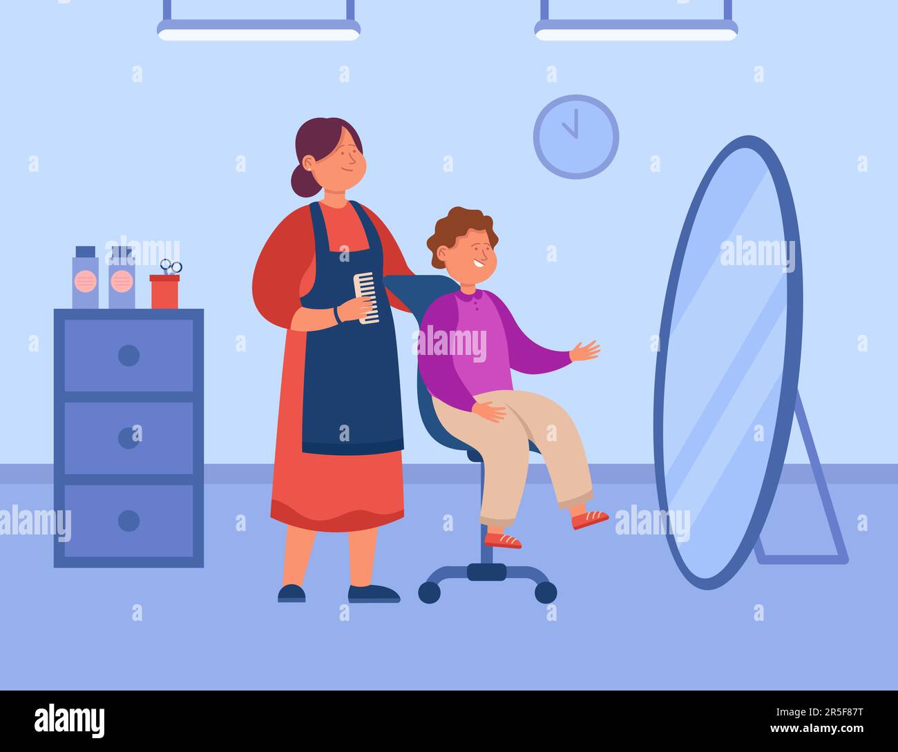 Poster with hairdresser giving boy haircut in salon Stock Vector