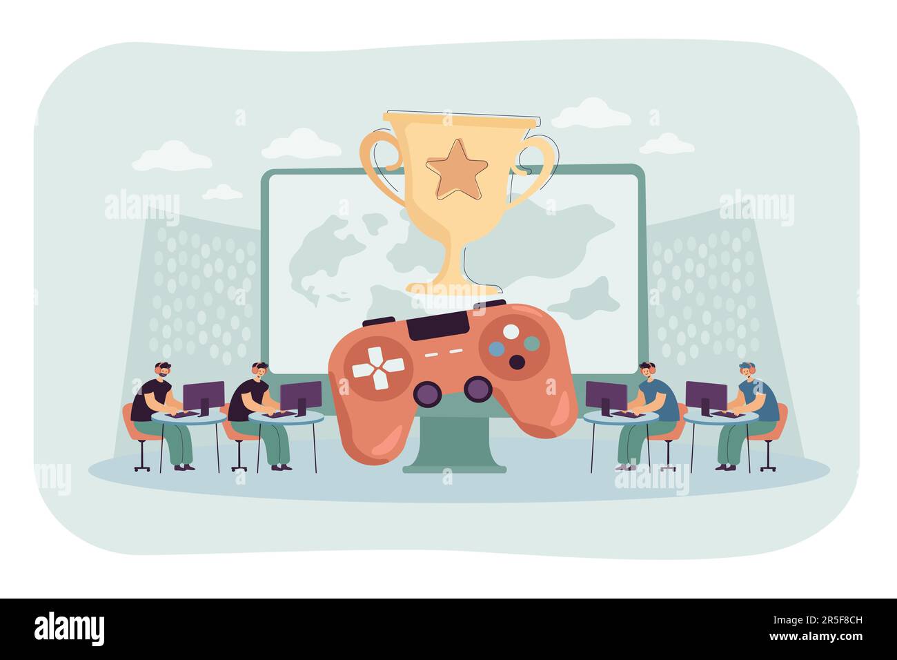 Two teams on sides playing virtual computer games Stock Vector