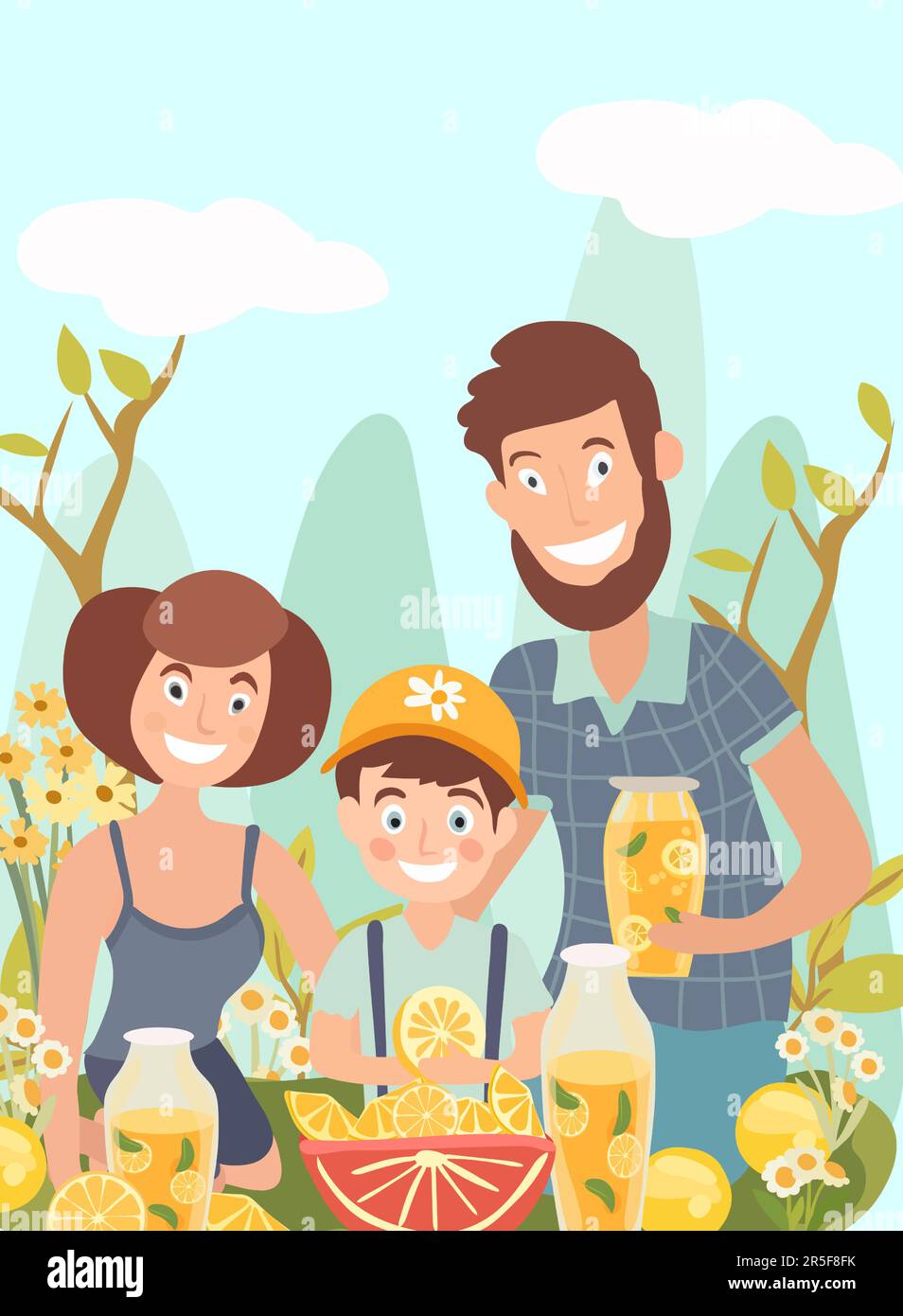 Happy family enjoys the outdoors while sipping refreshing lemonade and sharing moments of joy. This illustration portrays the essence of active recreation in nature. . Vector illustration Stock Vector