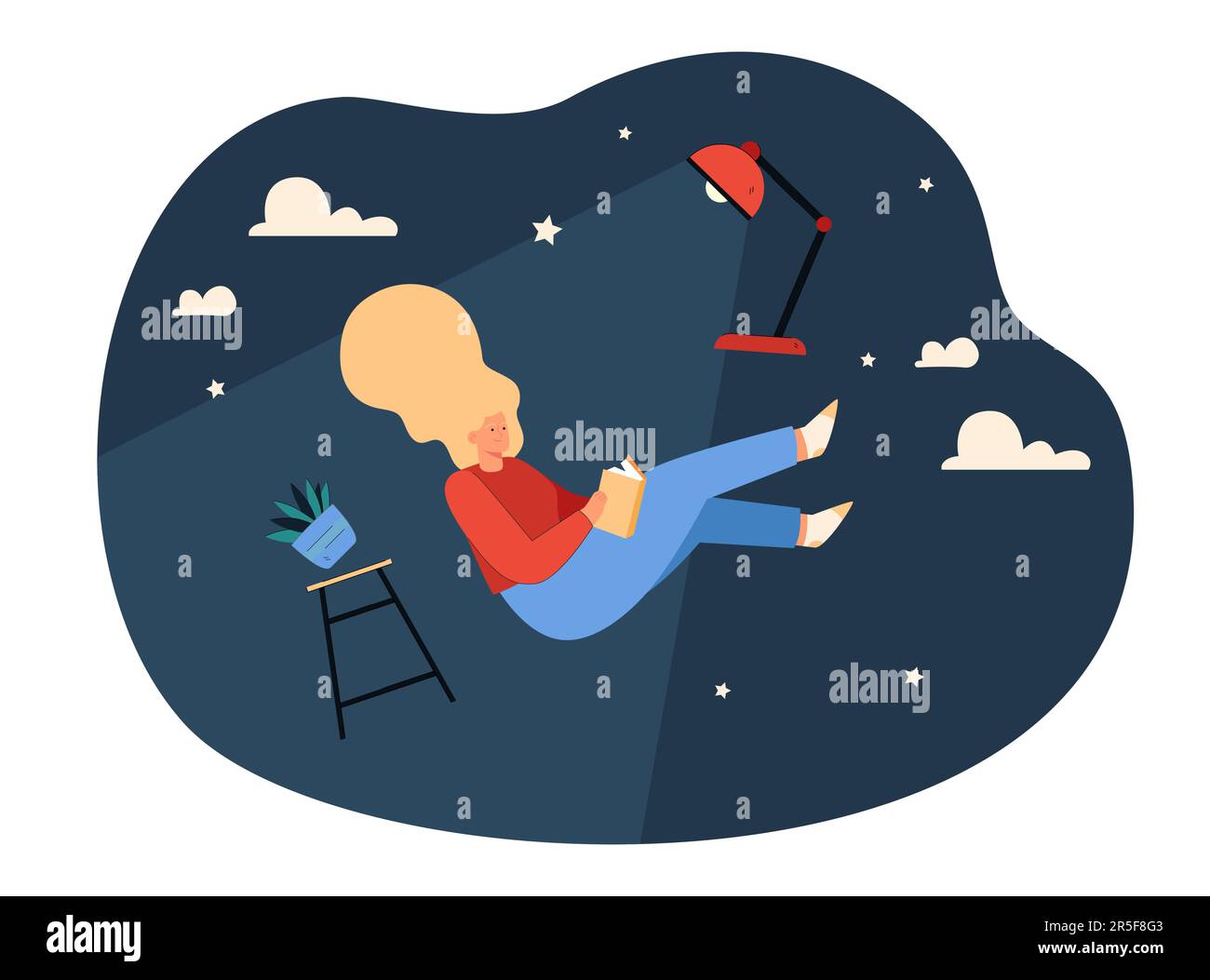 Happy cartoon woman flying in night sky while reading book Stock Vector