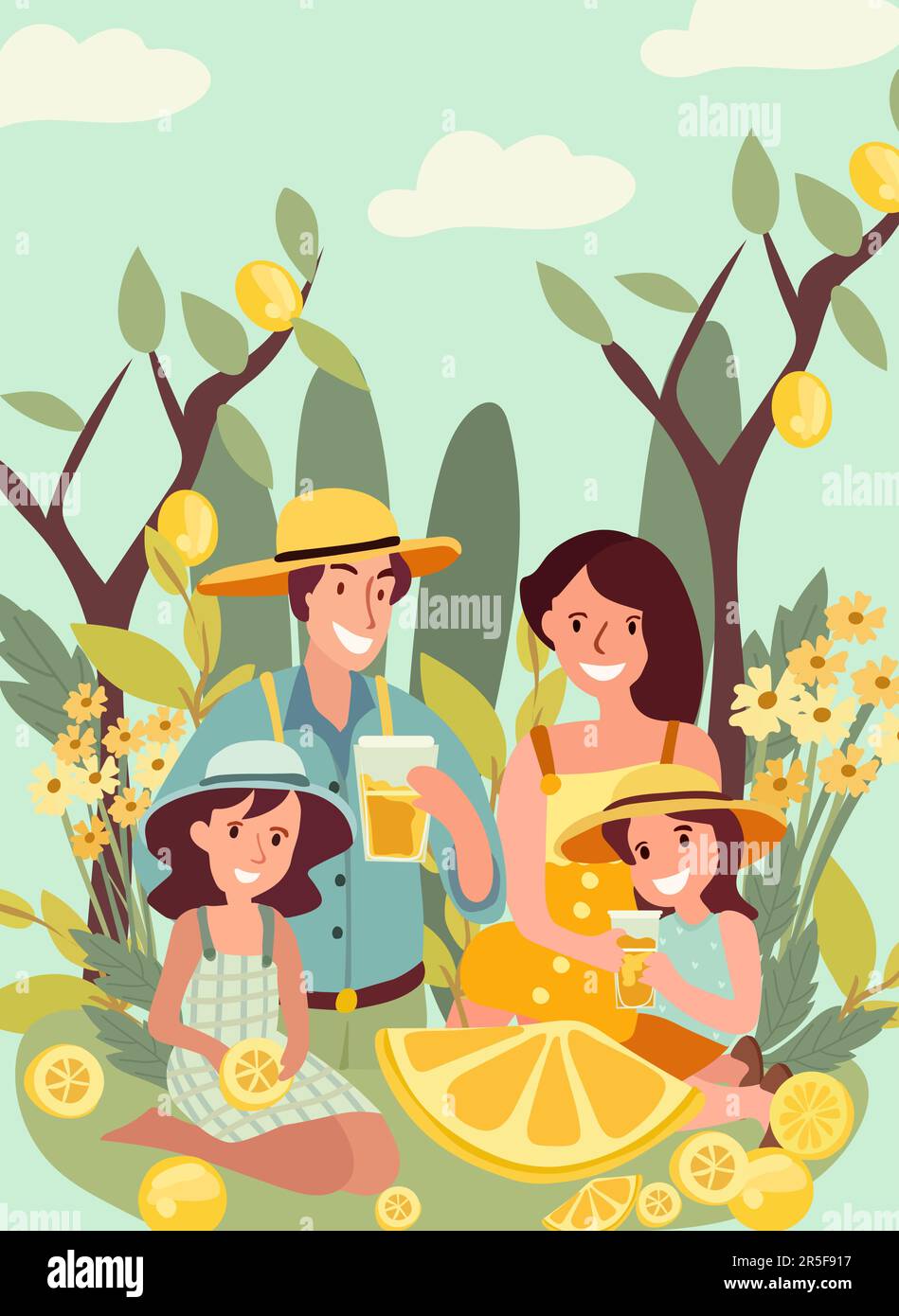 Happy family enjoys the outdoors while sipping refreshing lemonade and sharing moments of joy. Concept of active recreation in nature. Poster for or invitation for your design. Vector. Stock Vector
