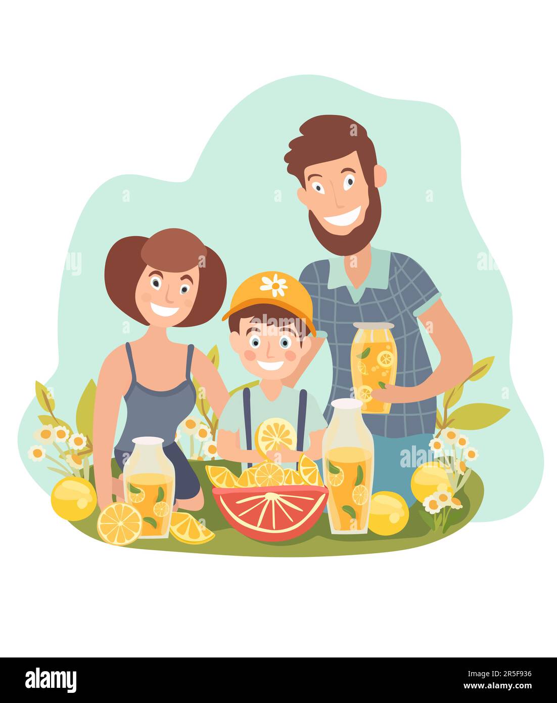 Happy family enjoys the outdoors while sipping refreshing lemonade and sharing moments of joy. This illustration portrays the essence of active recreation in nature. . Vector illustration Stock Vector