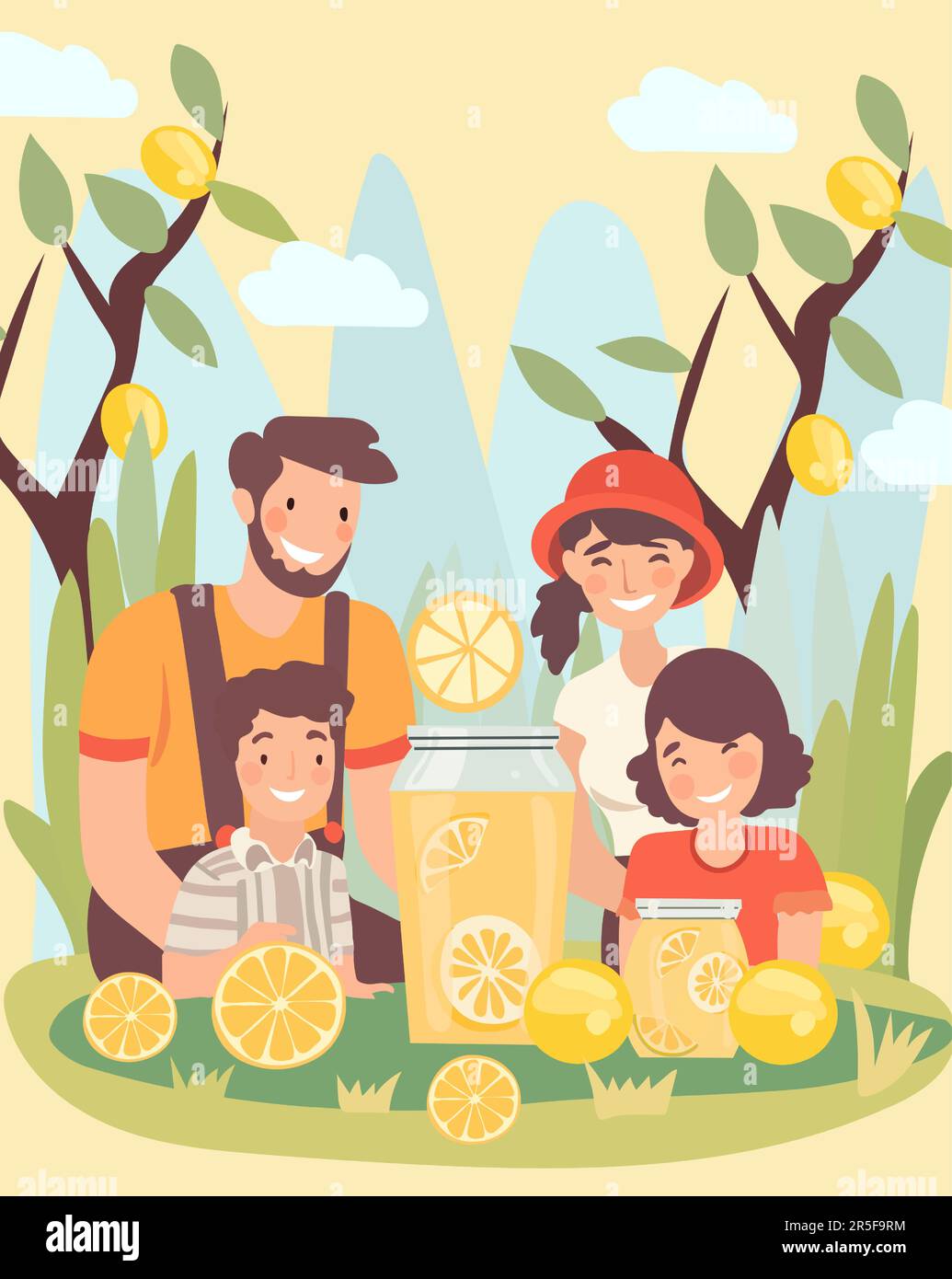 Happy family enjoys the outdoors while sipping refreshing lemonade and sharing moments of joy. Concept of active recreation in nature. Poster for or invitation for your design. Vector. Stock Vector